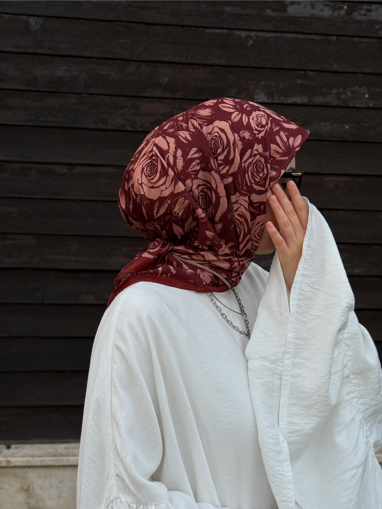 Pamuklu Soft Roza Desen Eşarp-Kiremit