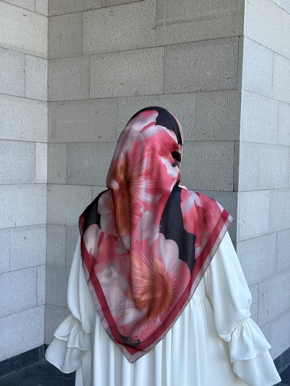 Pamuklu Flora Desen Eşarp-Bordo/Siyah