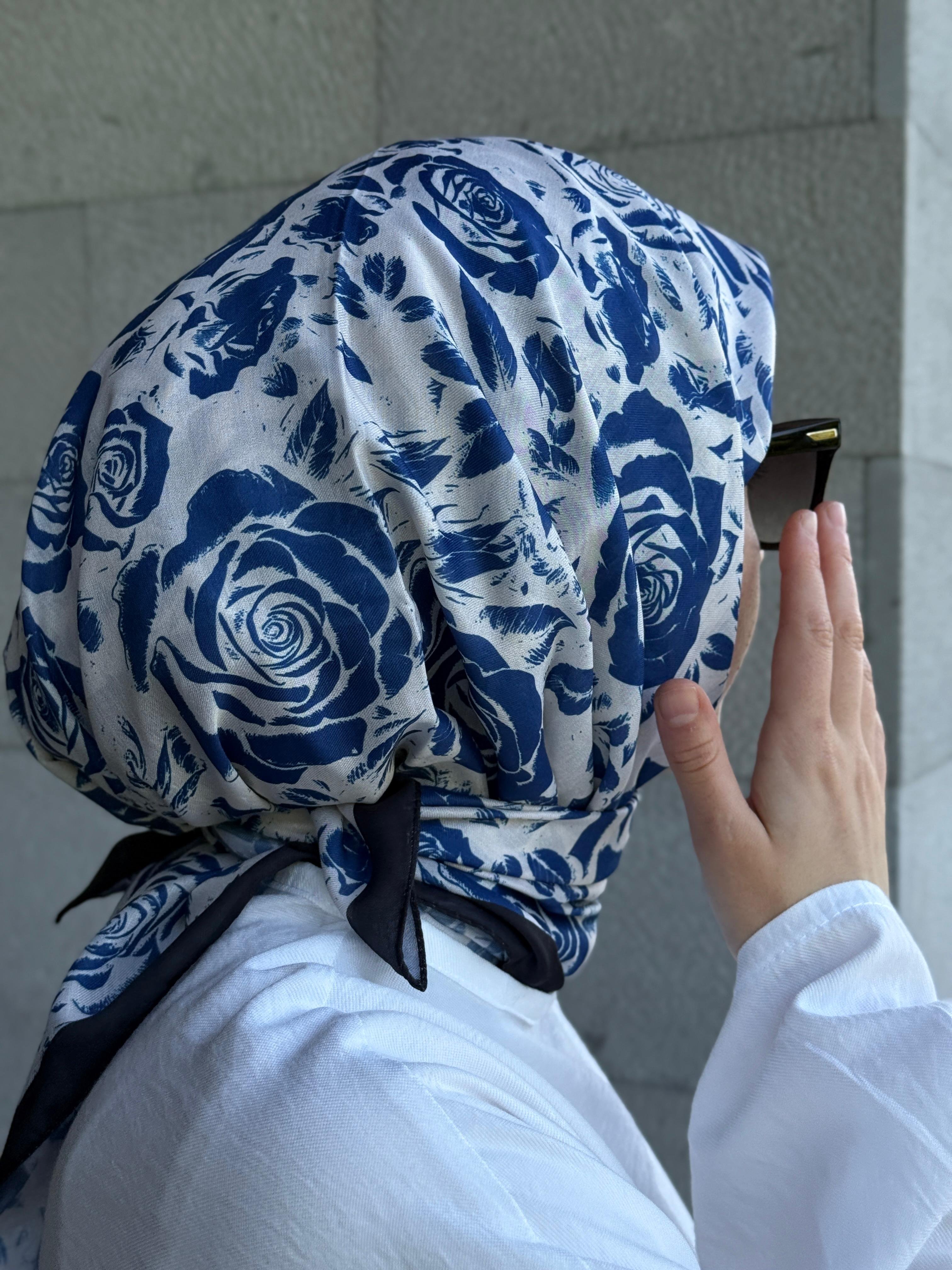 Pamuklu Soft Roza Desen Eşarp-Mavi/Krem