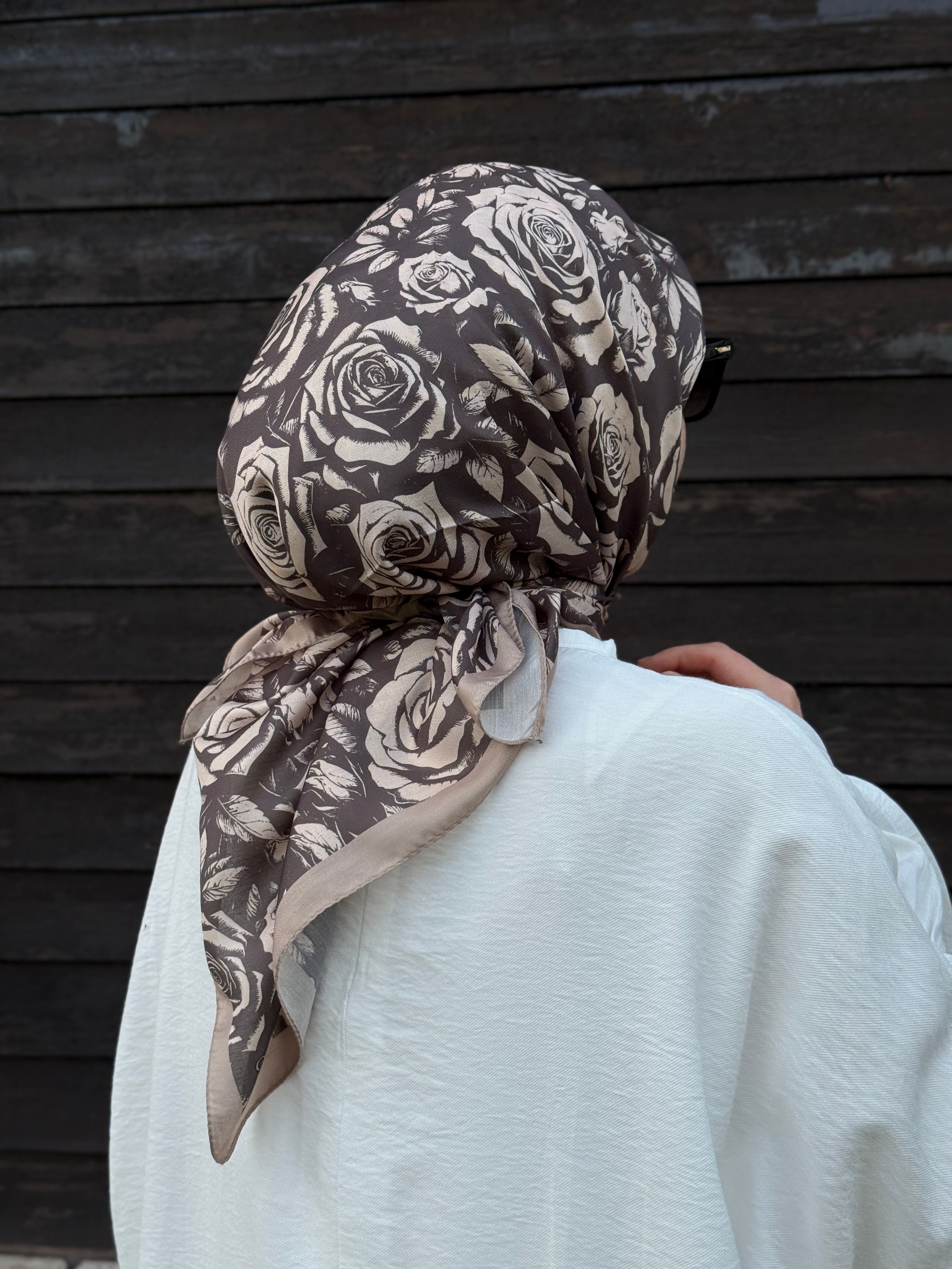 Pamuklu Soft Roza Desen Eşarp-Vizon