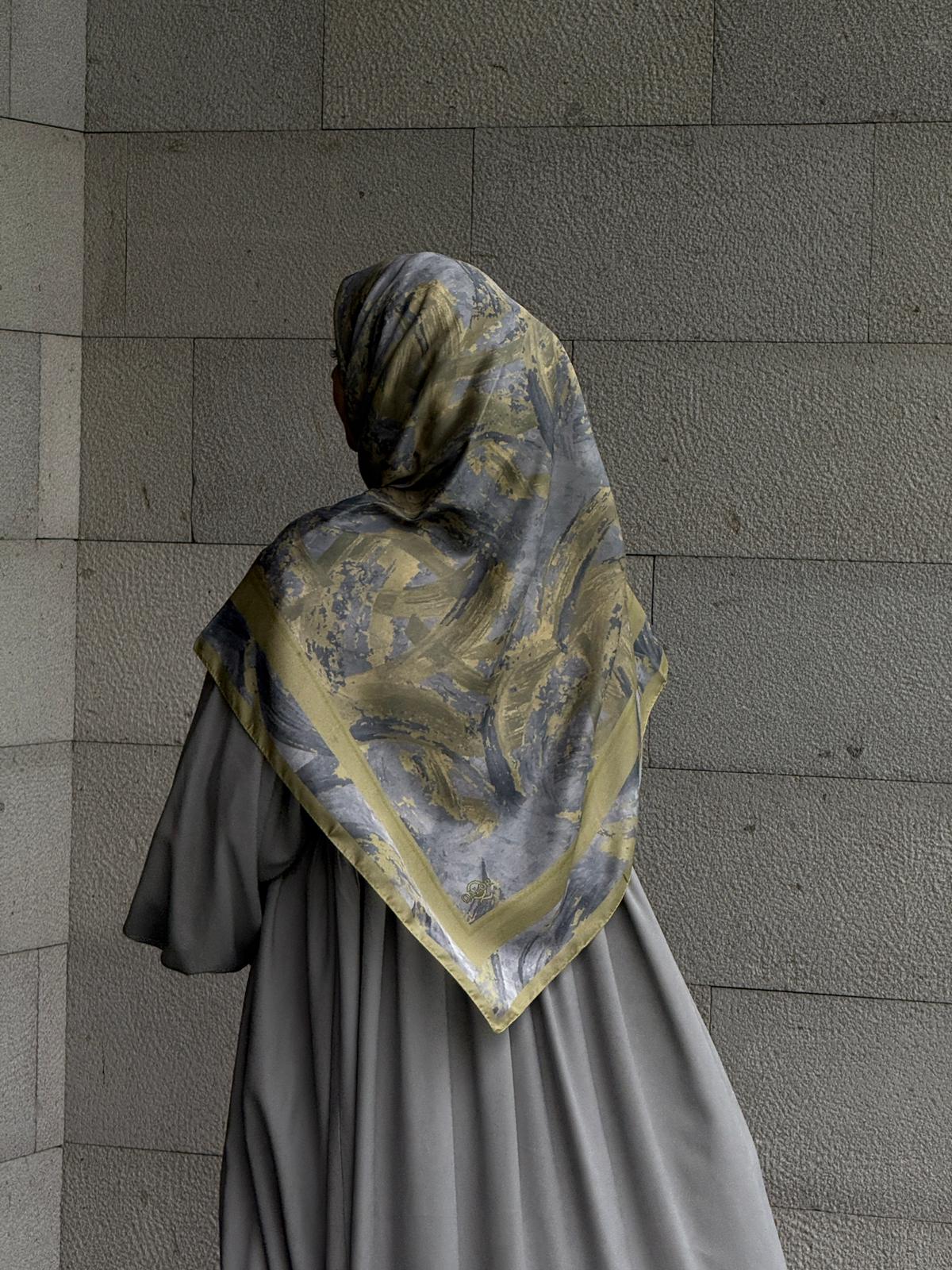 Pamuklu Soft Fırça Desen Eşarp-Yağyeşil/Gri