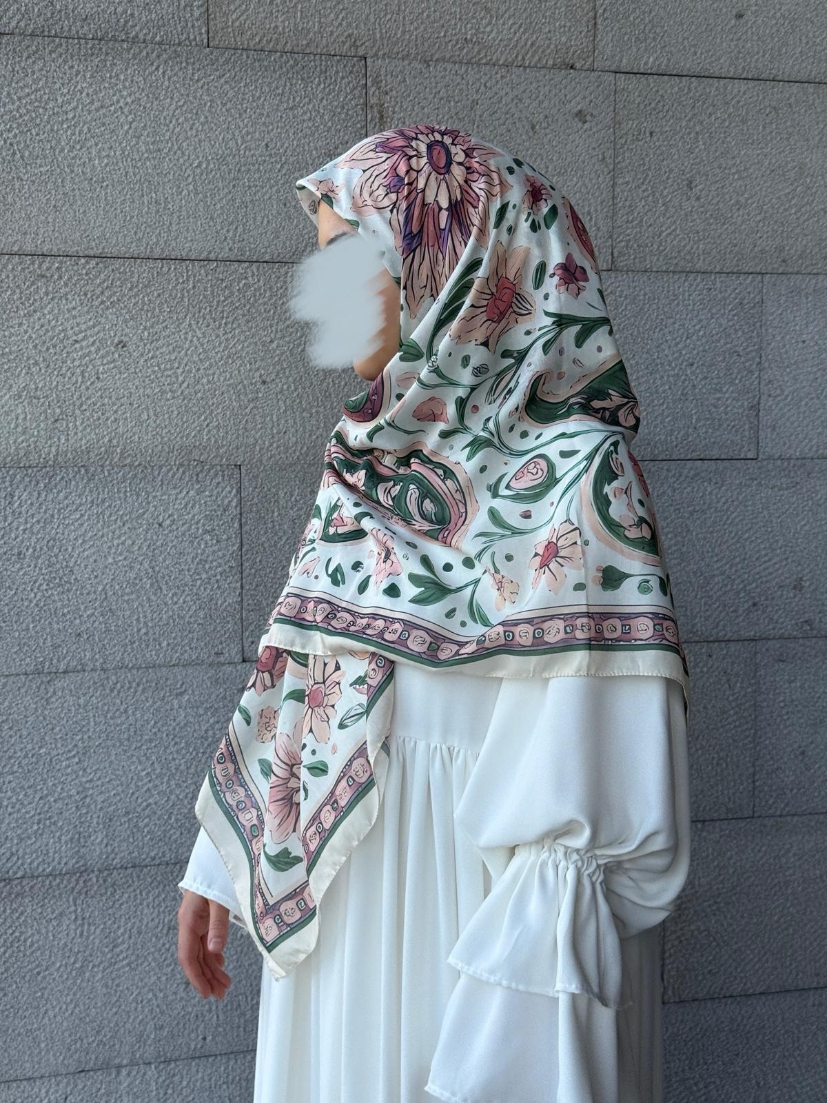 Pamuklu Vintage Desen Eşarp-Krem