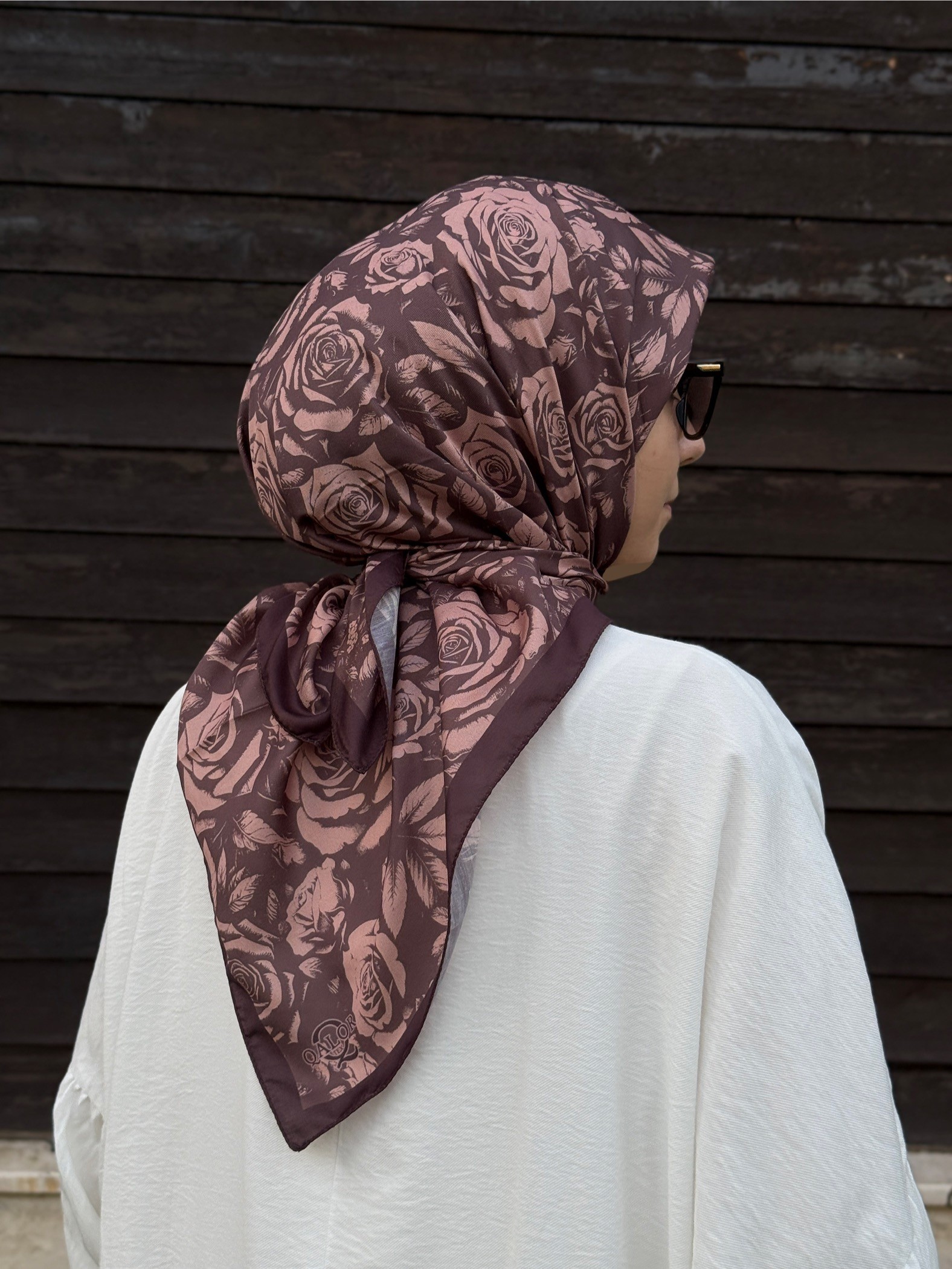 Pamuklu Soft Roza Desen Eşarp-Kahve/Gül Kurusu