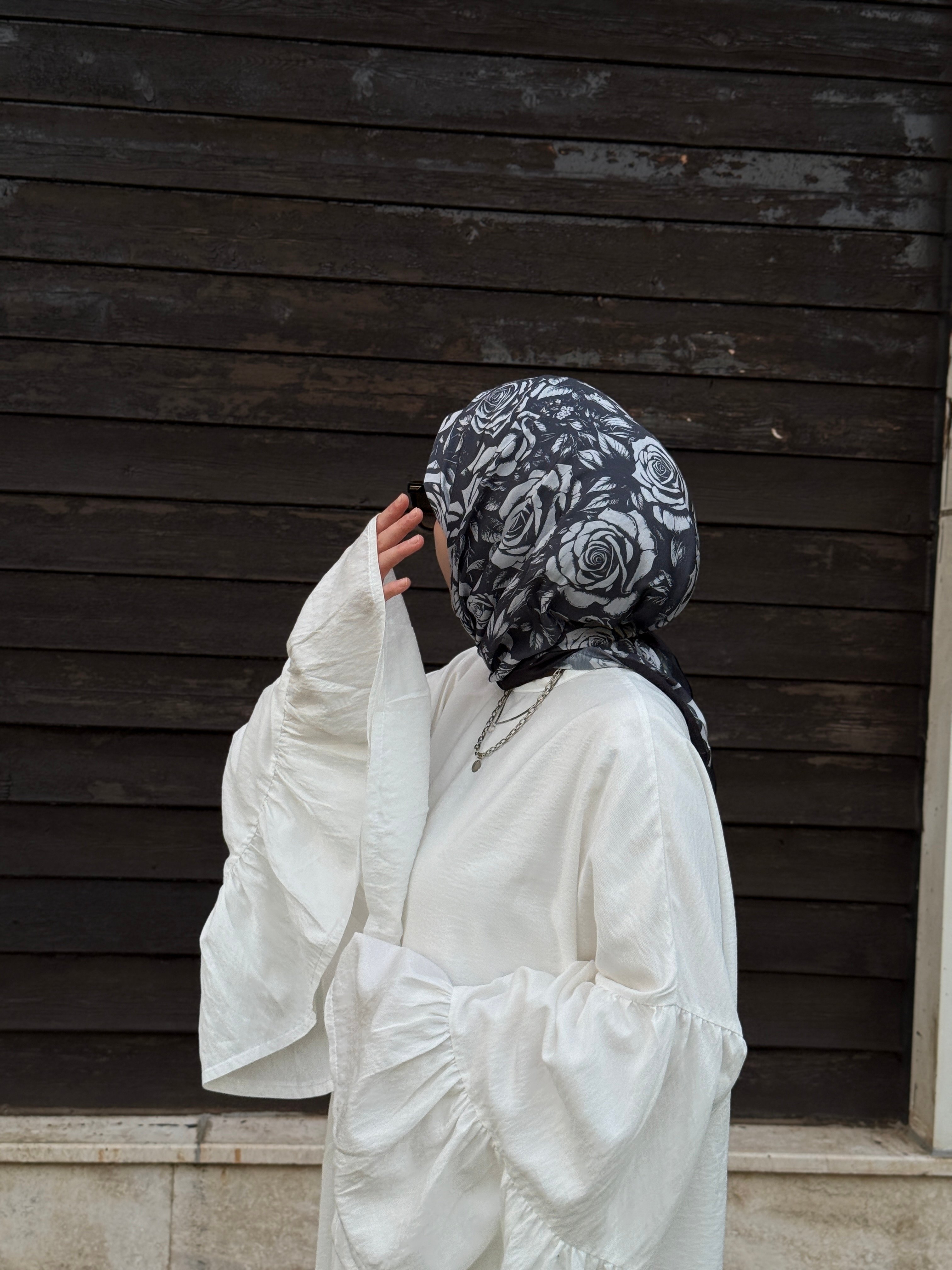 Pamuklu Soft Roza Desen Eşarp-Siyah/Antrasit