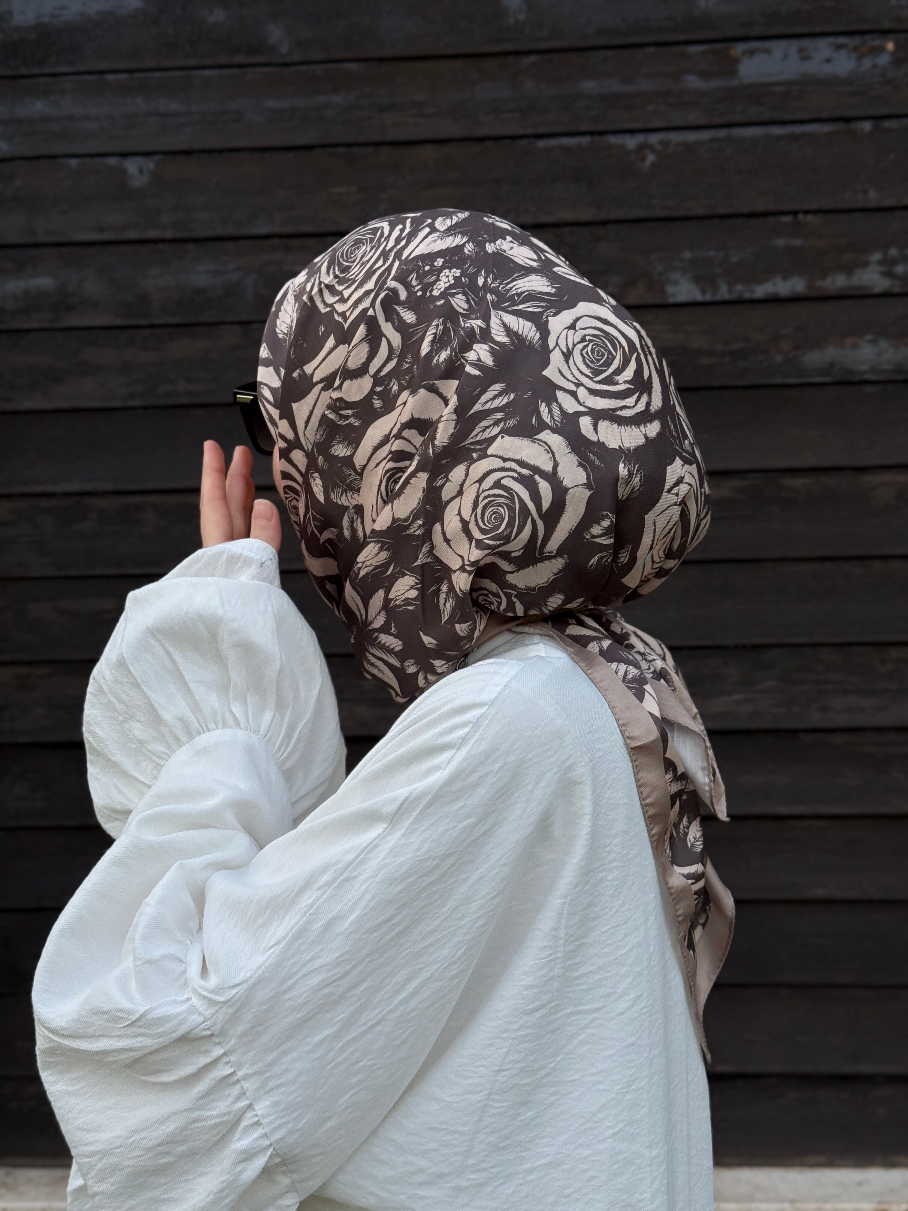 Pamuklu Soft Roza Desen Eşarp-Vizon