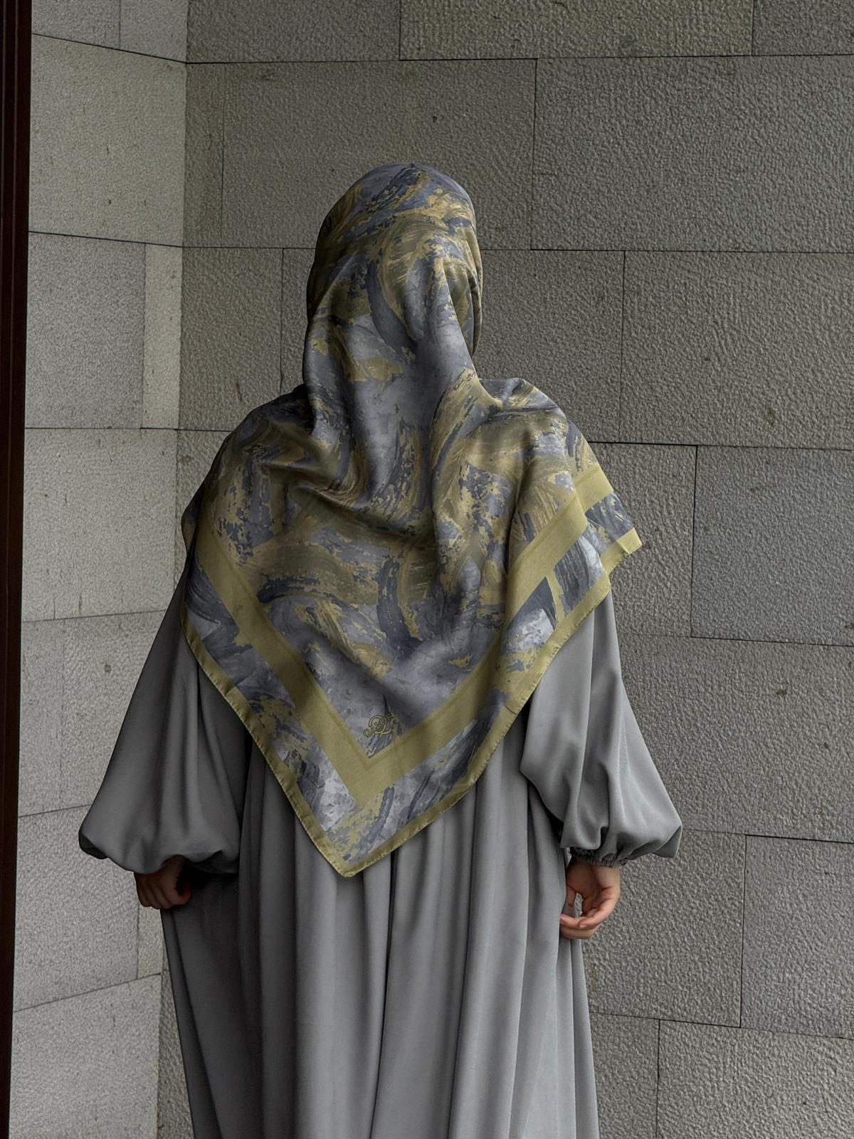 Pamuklu Soft Fırça Desen Eşarp-Yağyeşil/Gri