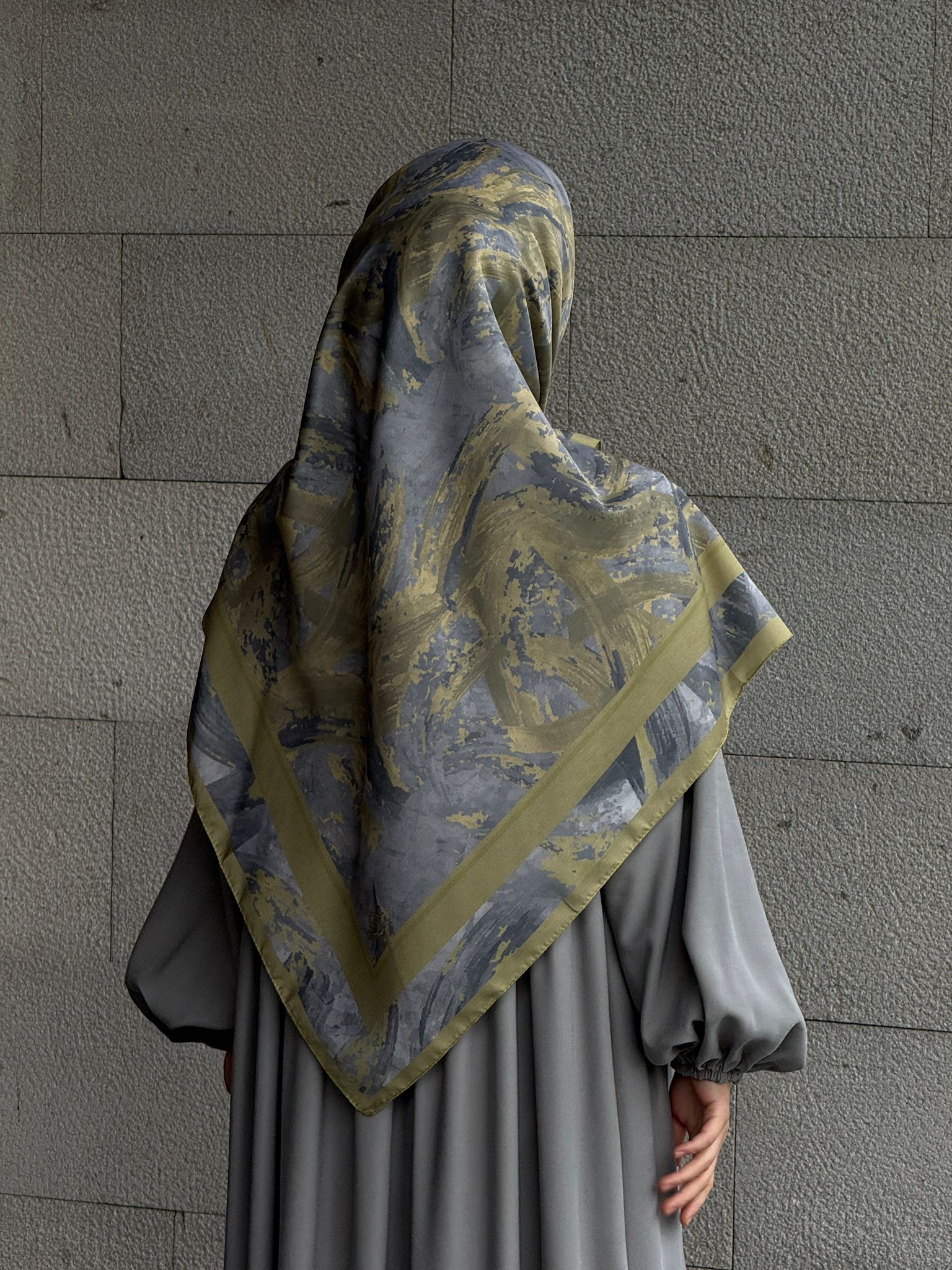 Pamuklu Soft Fırça Desen Eşarp-Yağyeşil/Gri