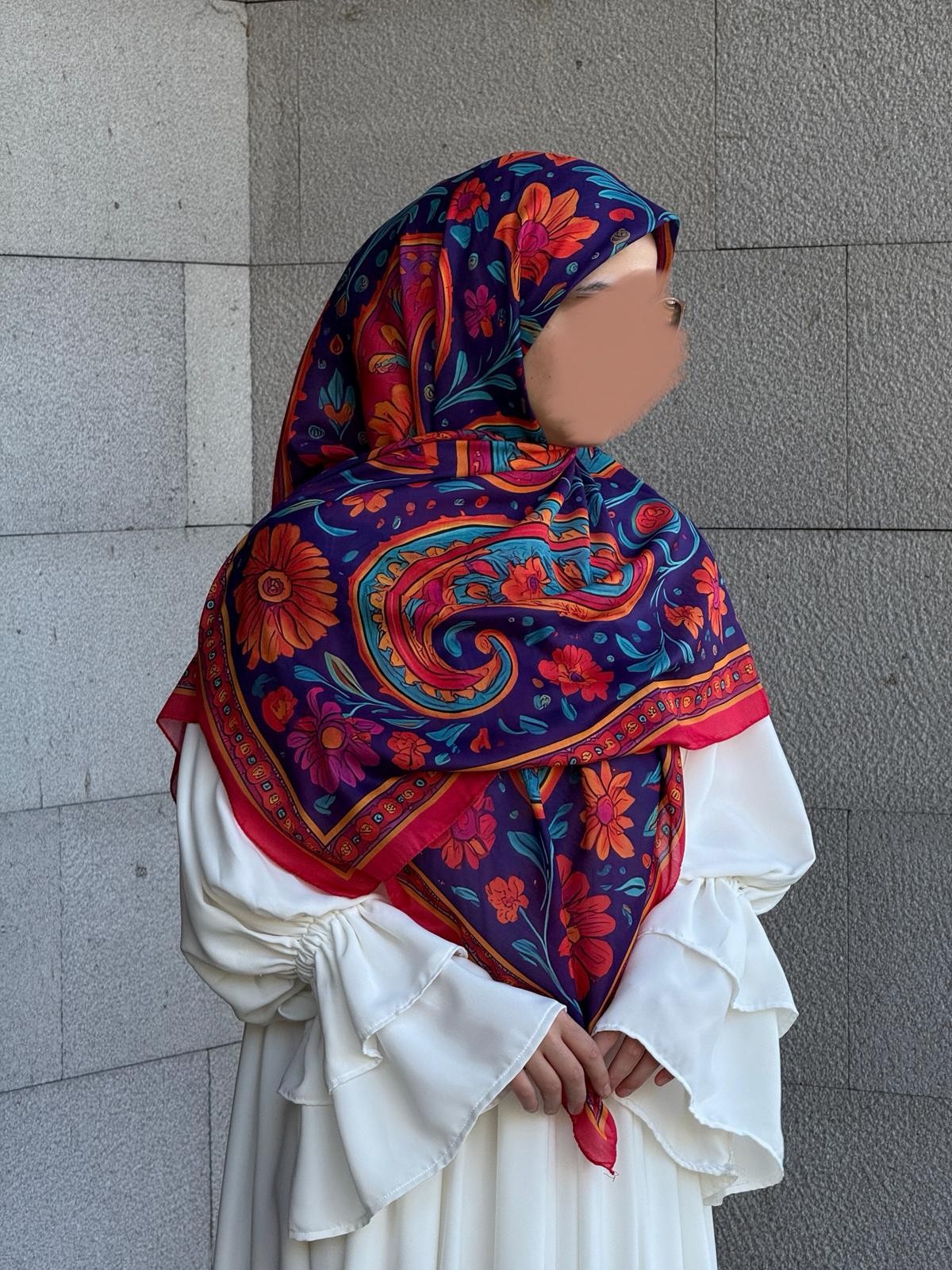 Pamuklu Vintage Desen Eşarp-Nar Çiçeği