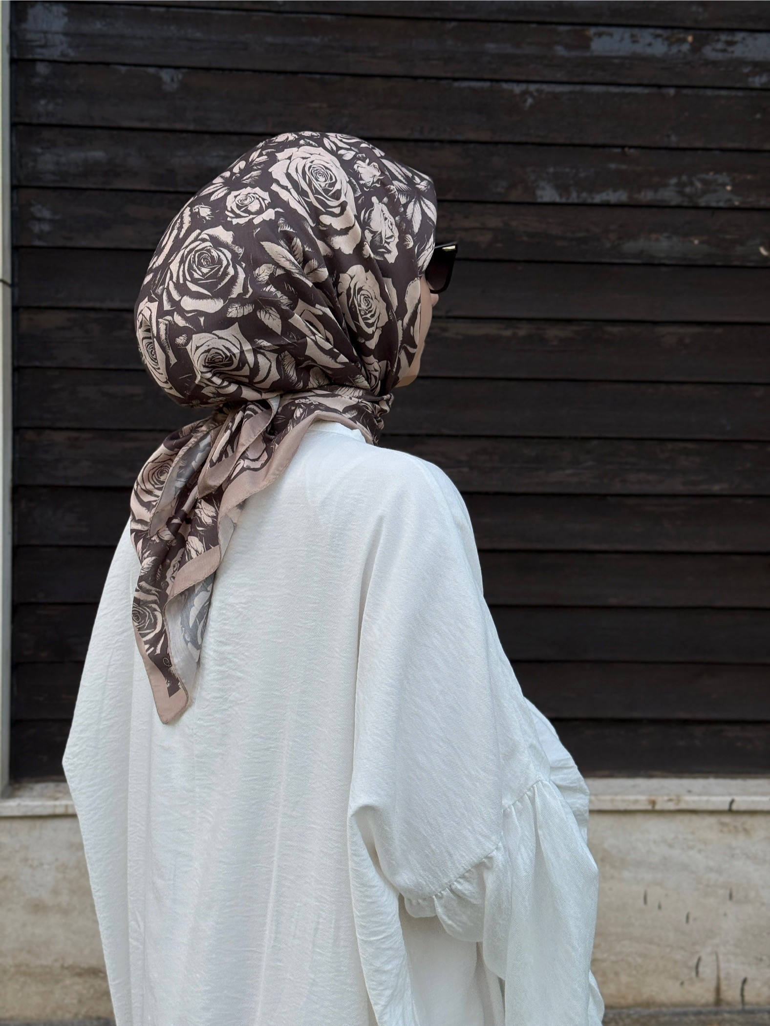 Pamuklu Soft Roza Desen Eşarp-Vizon