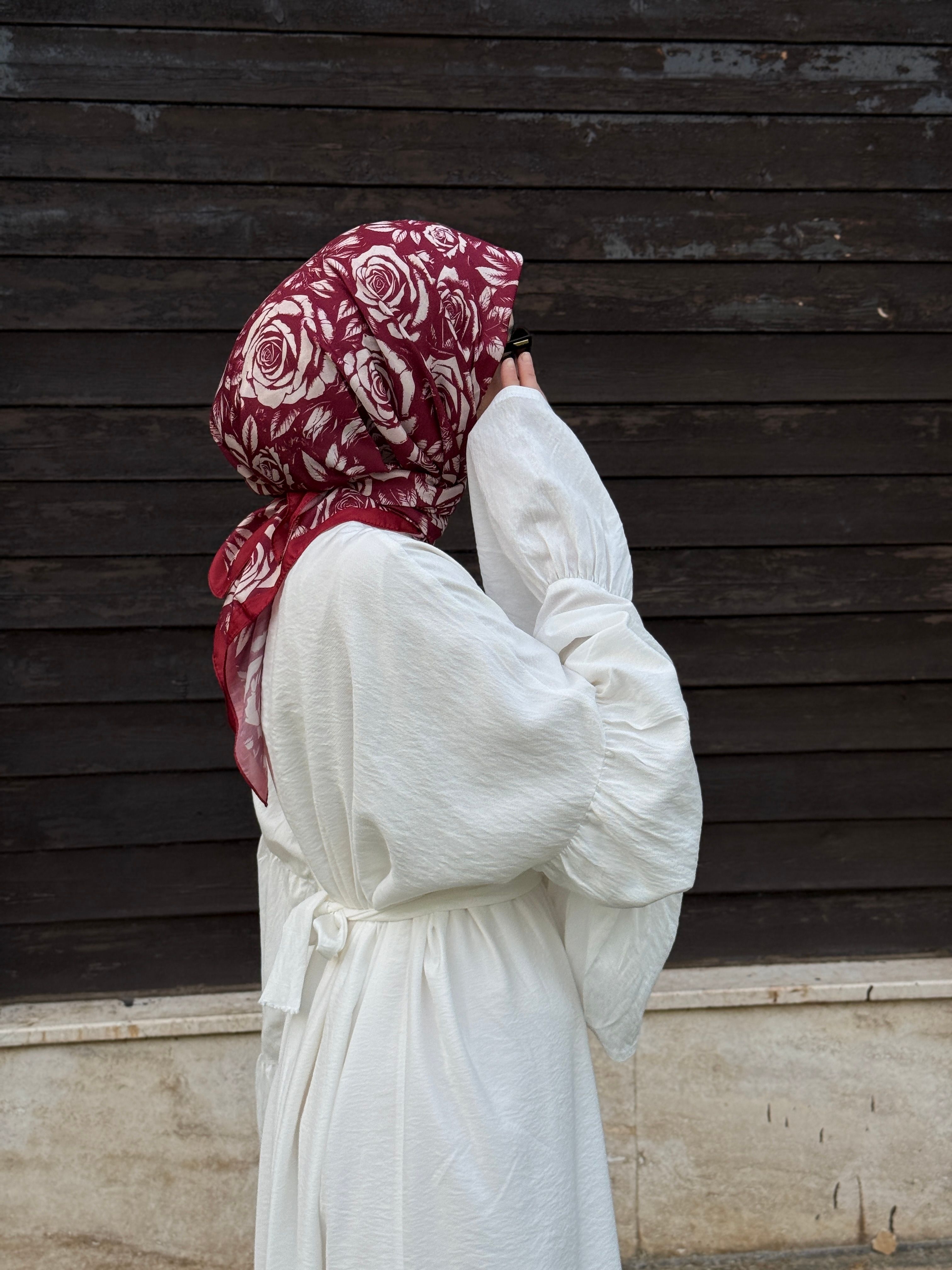 Pamuklu Soft Roza Desen Eşarp-Bordo