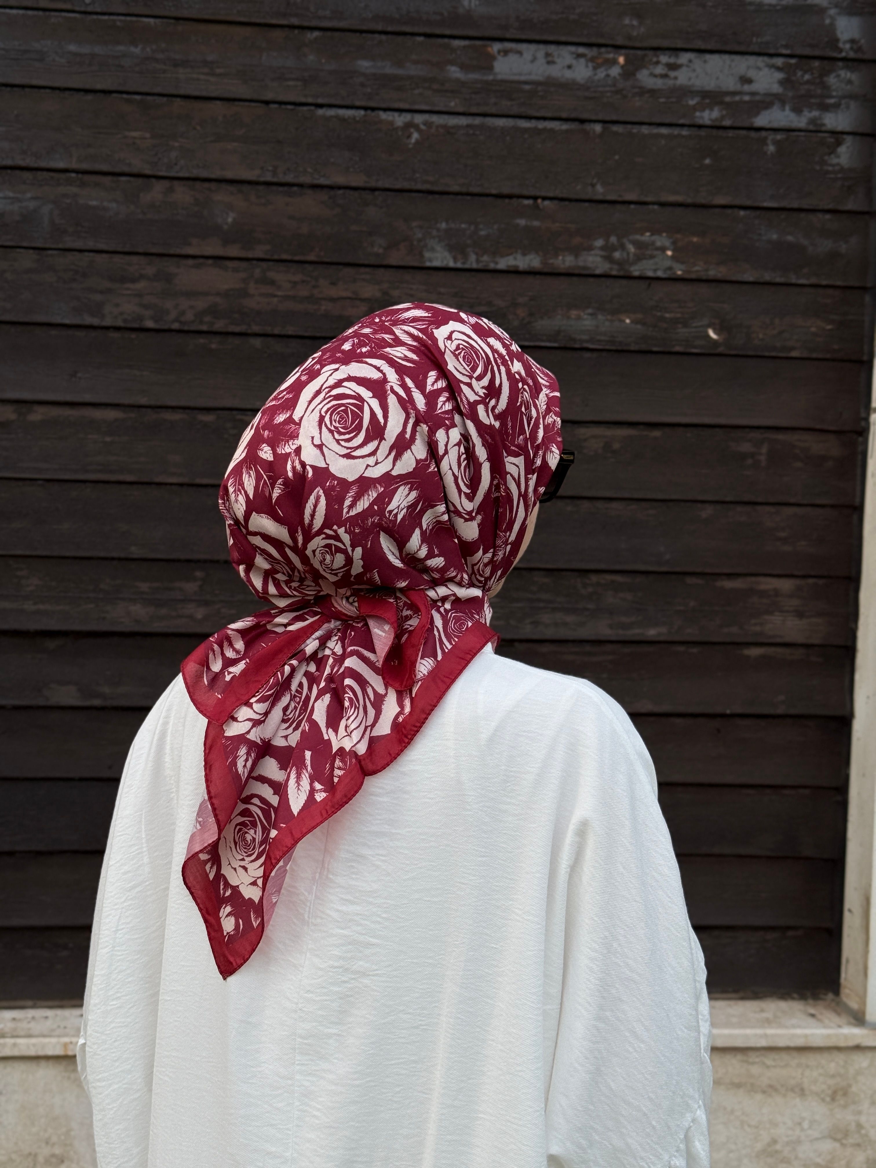 Pamuklu Soft Roza Desen Eşarp-Bordo