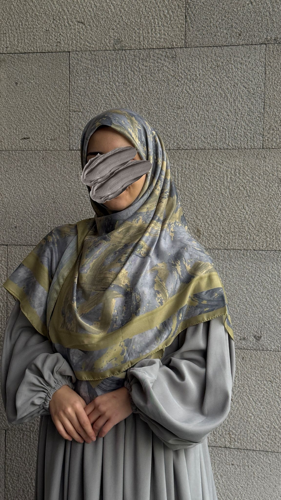 Pamuklu Soft Fırça Desen Eşarp-Yağyeşil/Gri