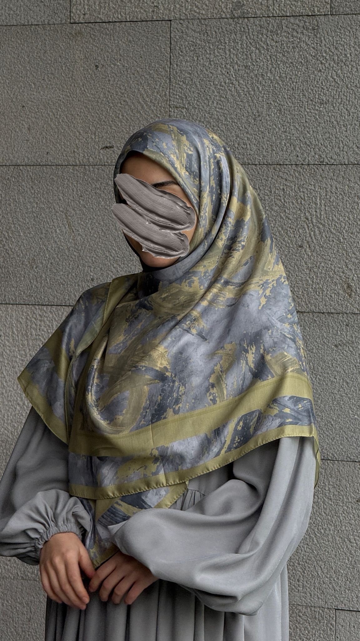 Pamuklu Soft Fırça Desen Eşarp-Yağyeşil/Gri