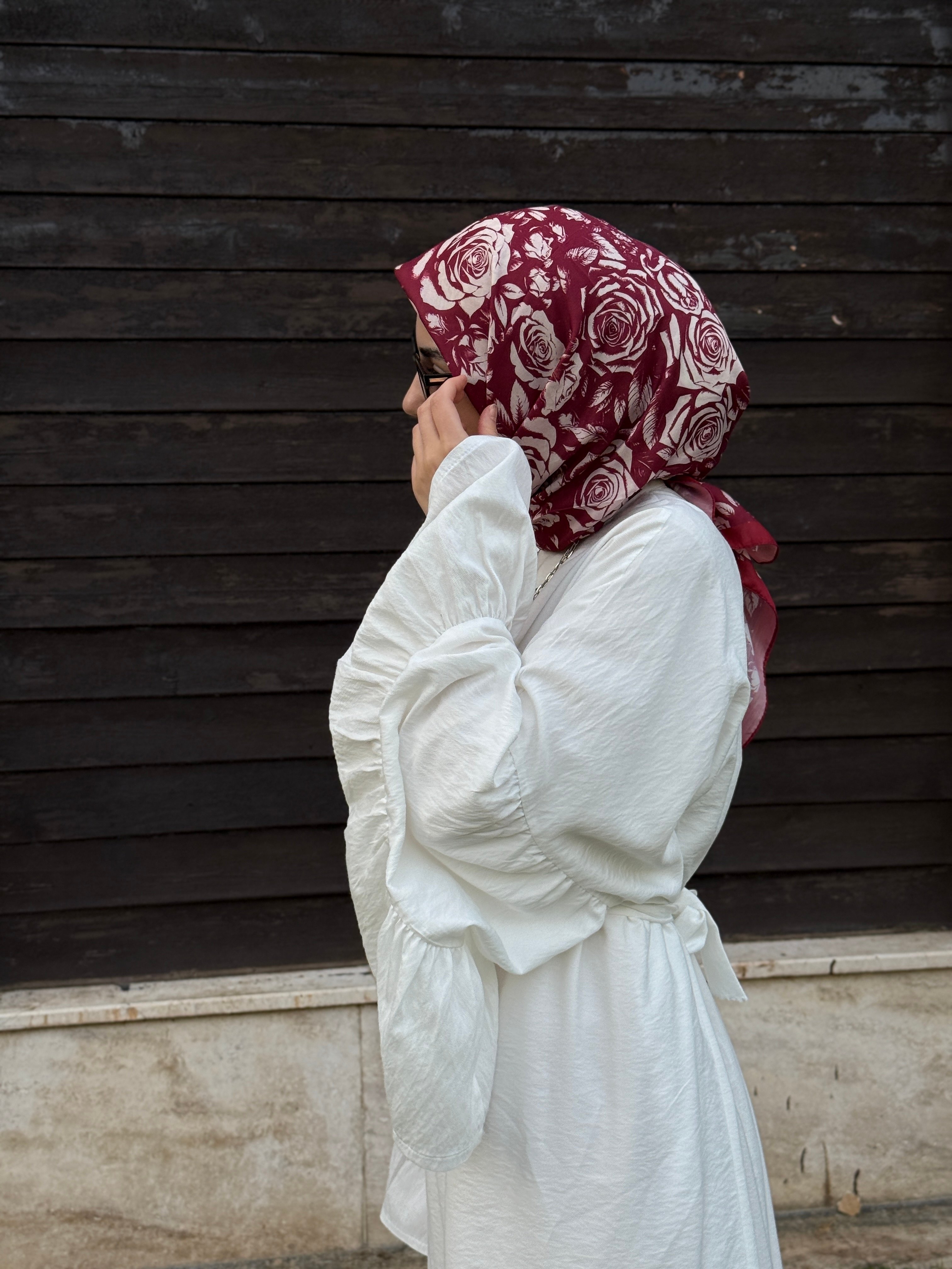 Pamuklu Soft Roza Desen Eşarp-Bordo