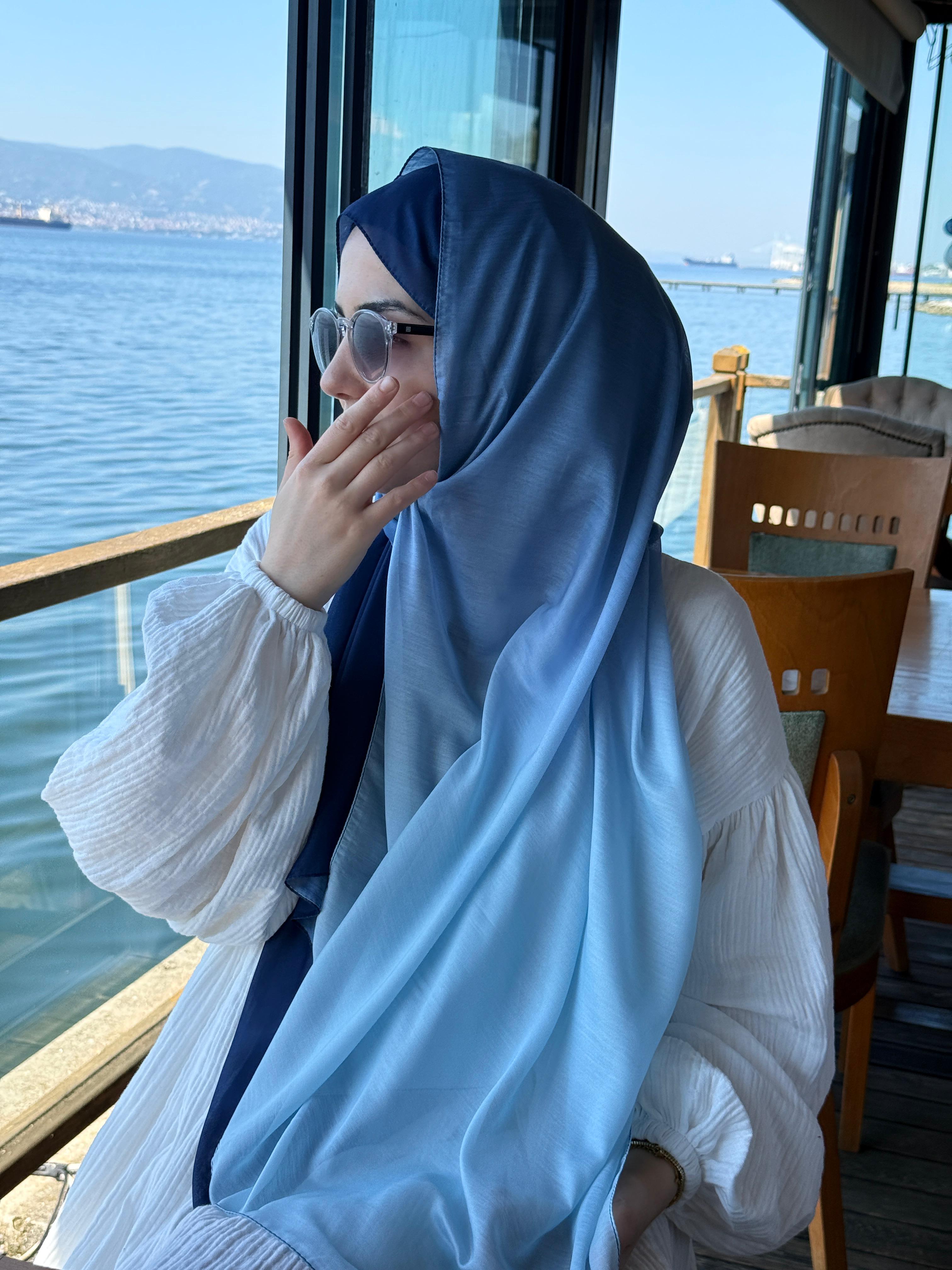 Pamuklu Dubai Degrade Şal-İndigo