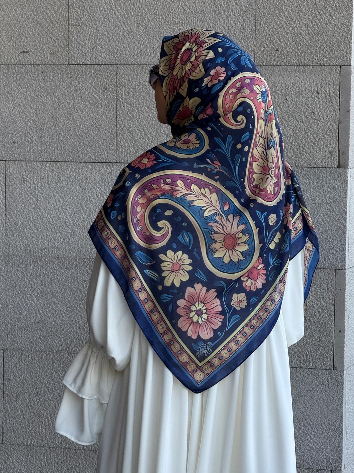 Pamuklu Vintage Desen Eşarp-Lacivert