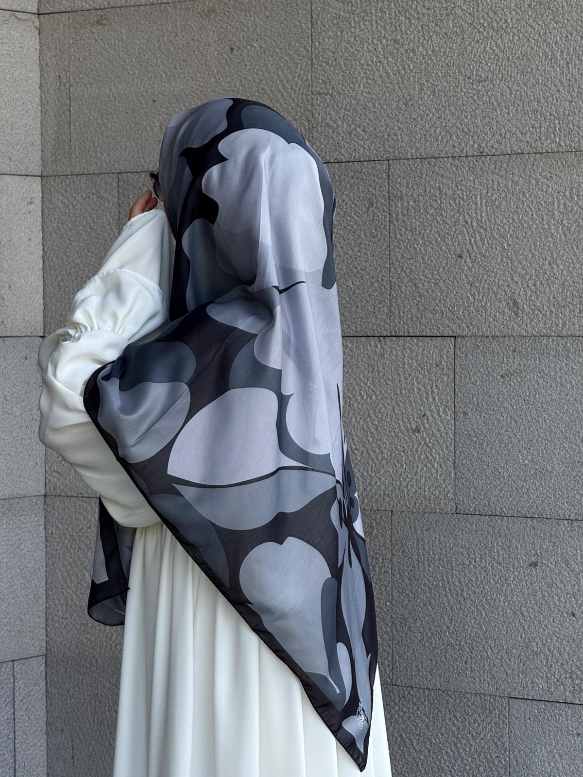 Pamuklu Vera Desen Eşarp-Siyah/Antrasit