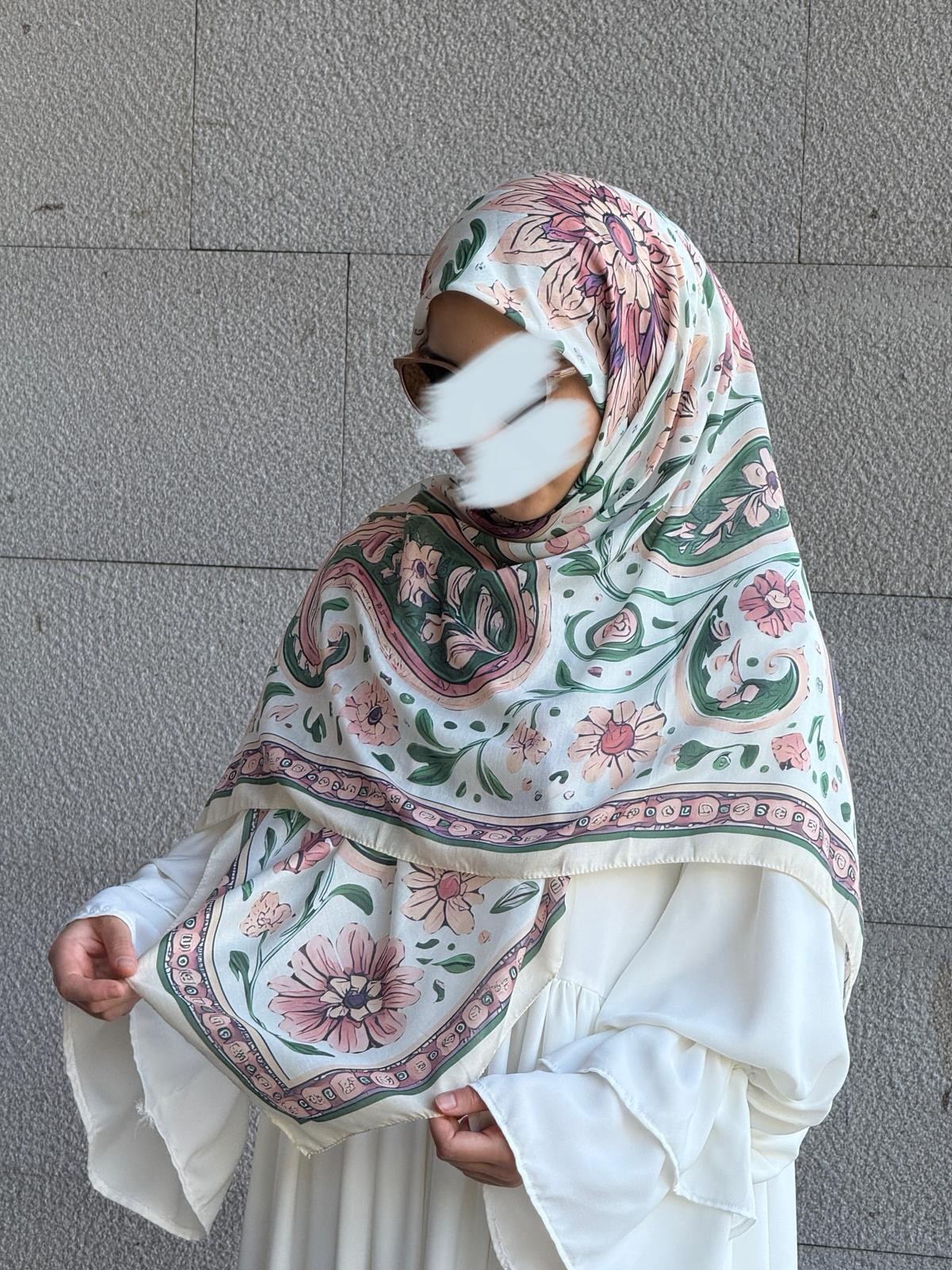 Pamuklu Vintage Desen Eşarp-Krem