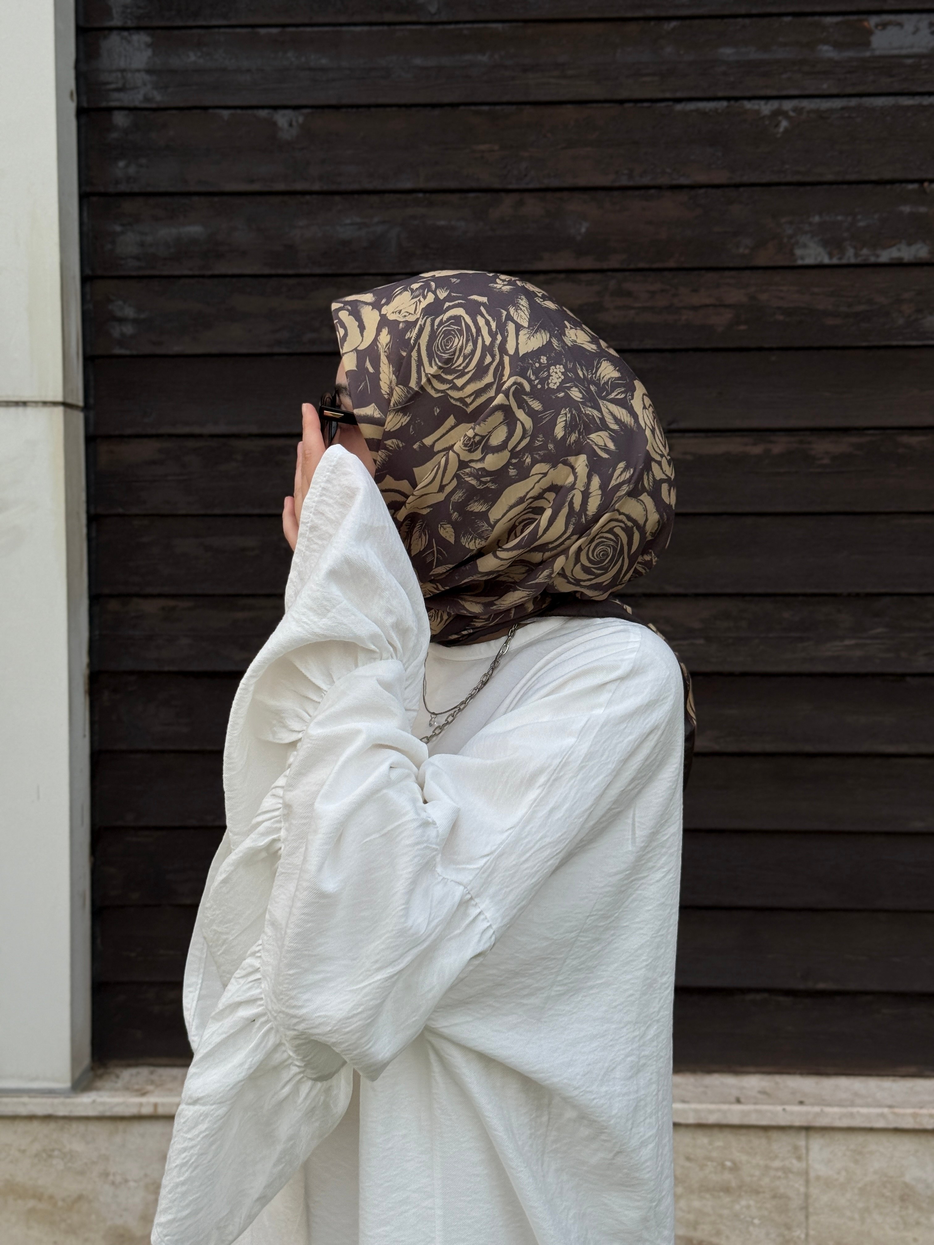 Pamuklu Soft Roza Desen Eşarp-Küf Yeşil