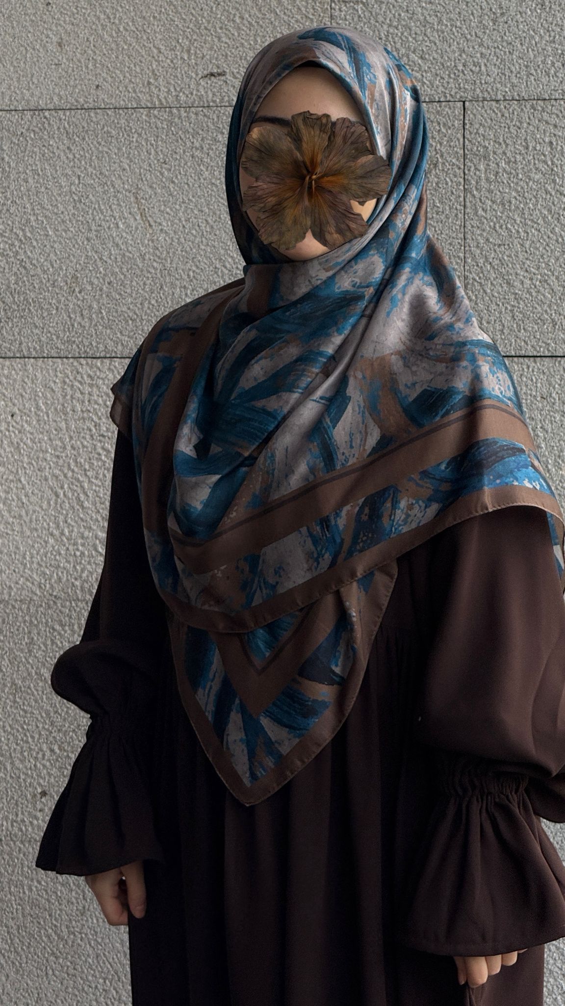 Pamuklu Soft Fırça Desen Eşarp-Petrol/Kahve