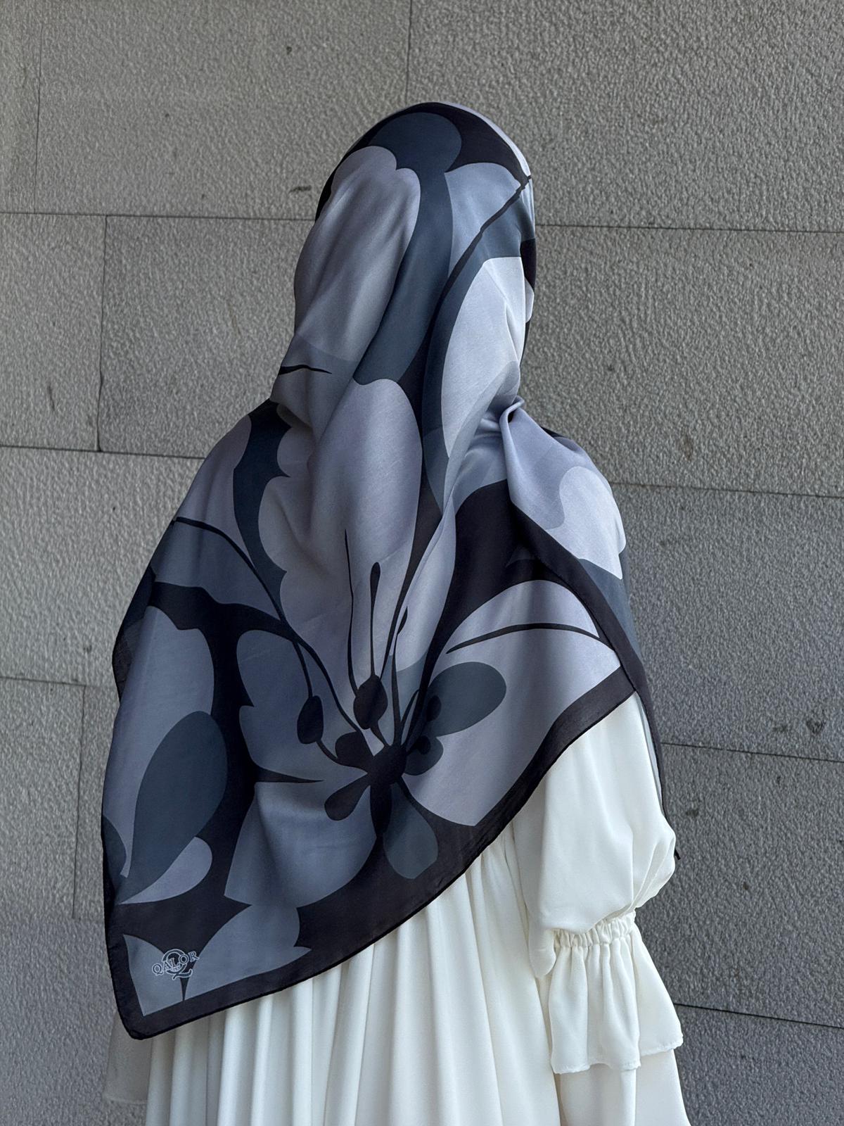 Pamuklu Vera Desen Eşarp-Siyah/Antrasit