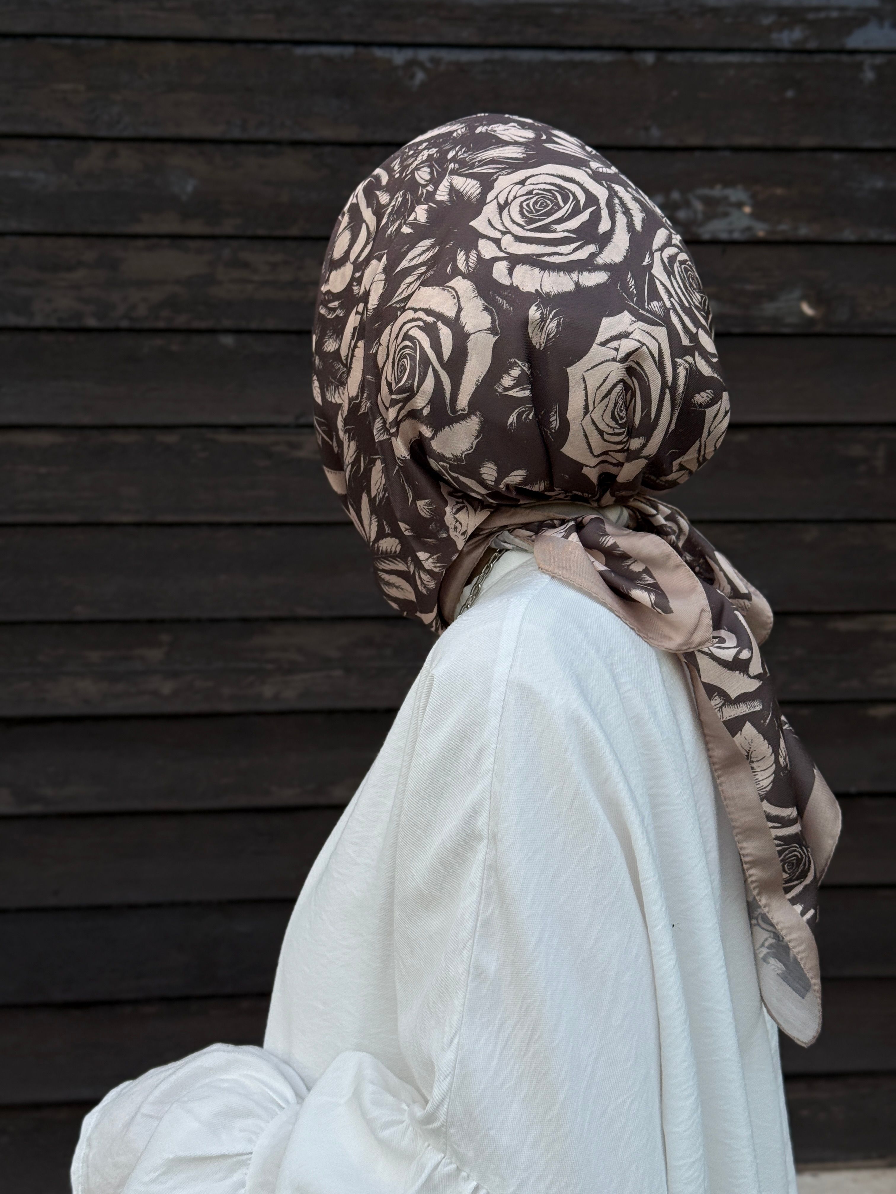 Pamuklu Soft Roza Desen Eşarp-Vizon