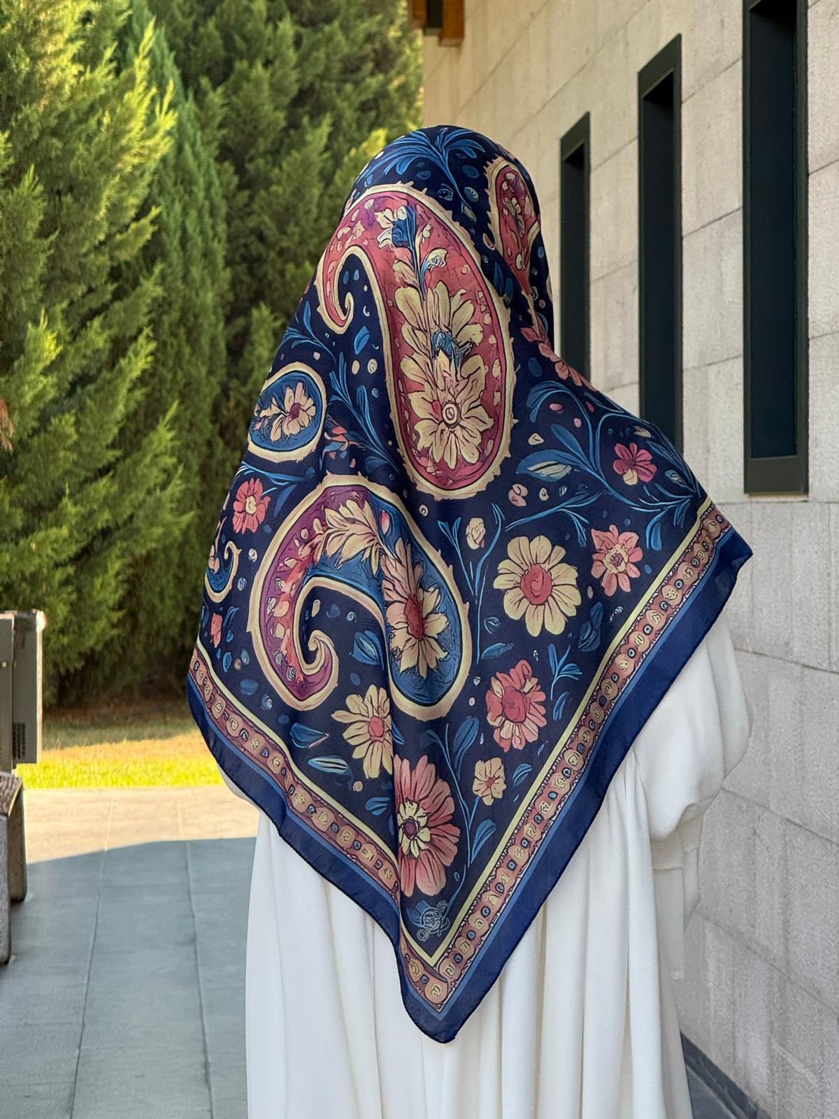 Pamuklu Vintage Desen Eşarp-Lacivert