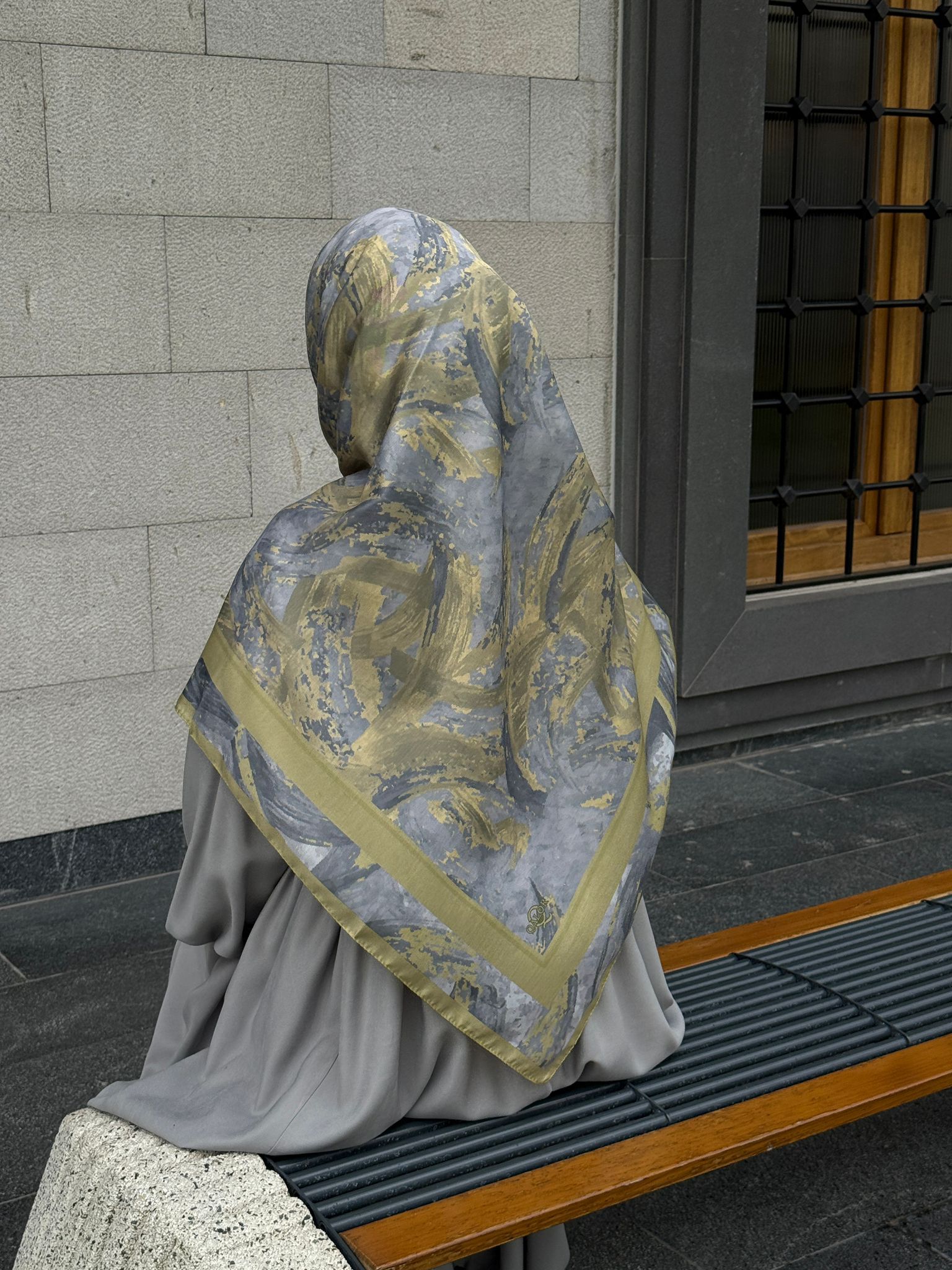 Pamuklu Soft Fırça Desen Eşarp-Yağyeşil/Gri