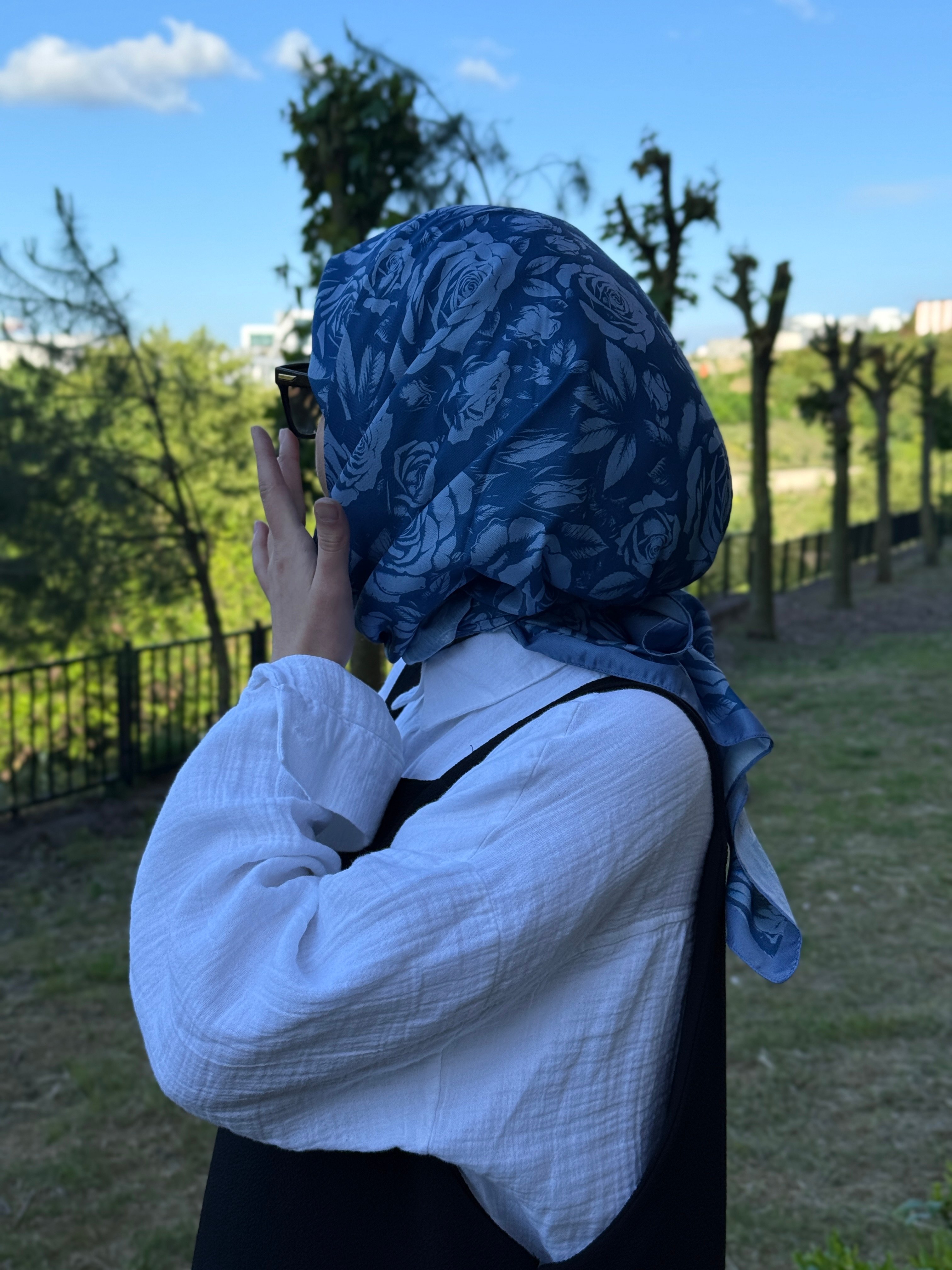 Pamuklu Soft Roza Desen Eşarp-Okyanus