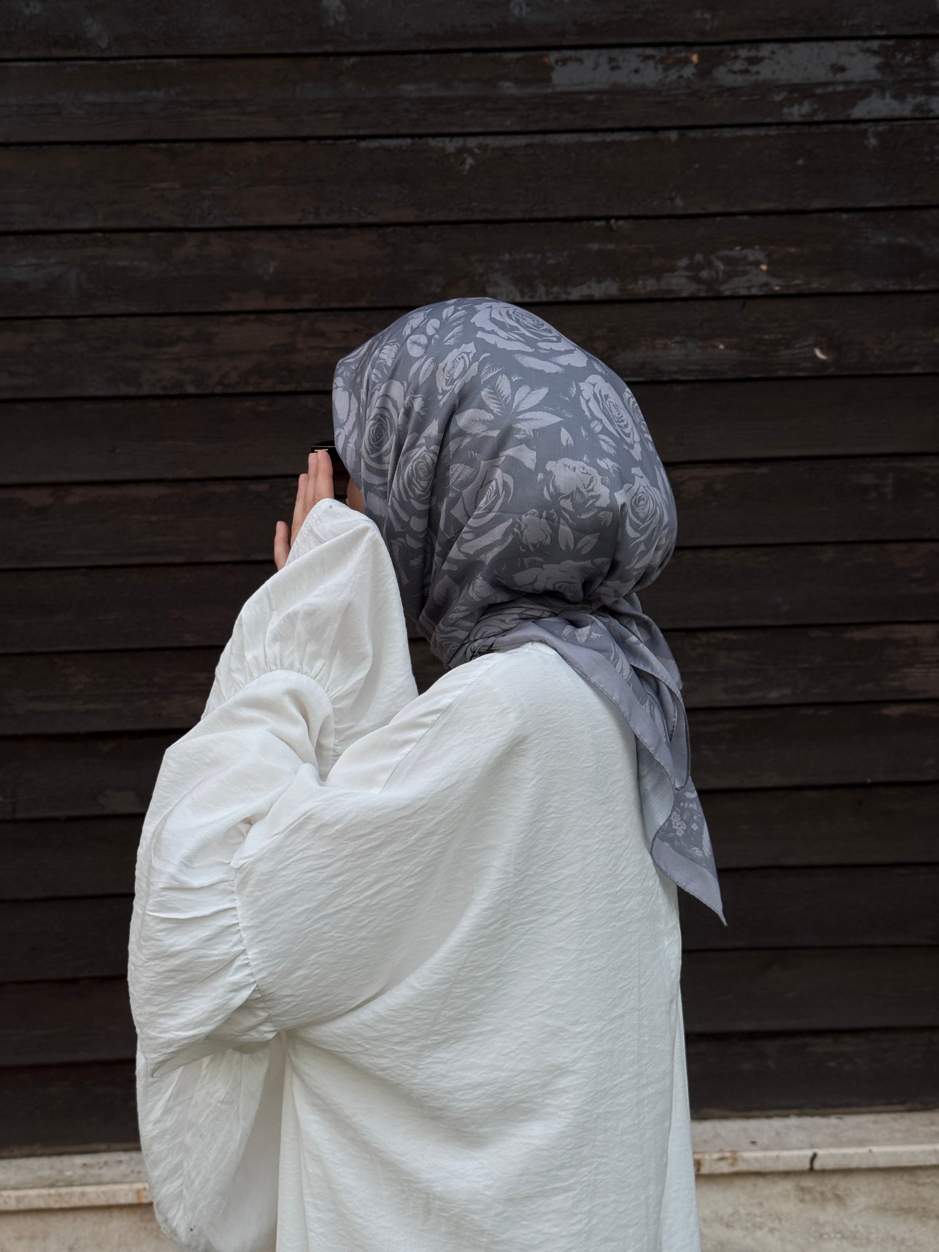 Pamuklu Soft Roza Desen Eşarp-Gri
