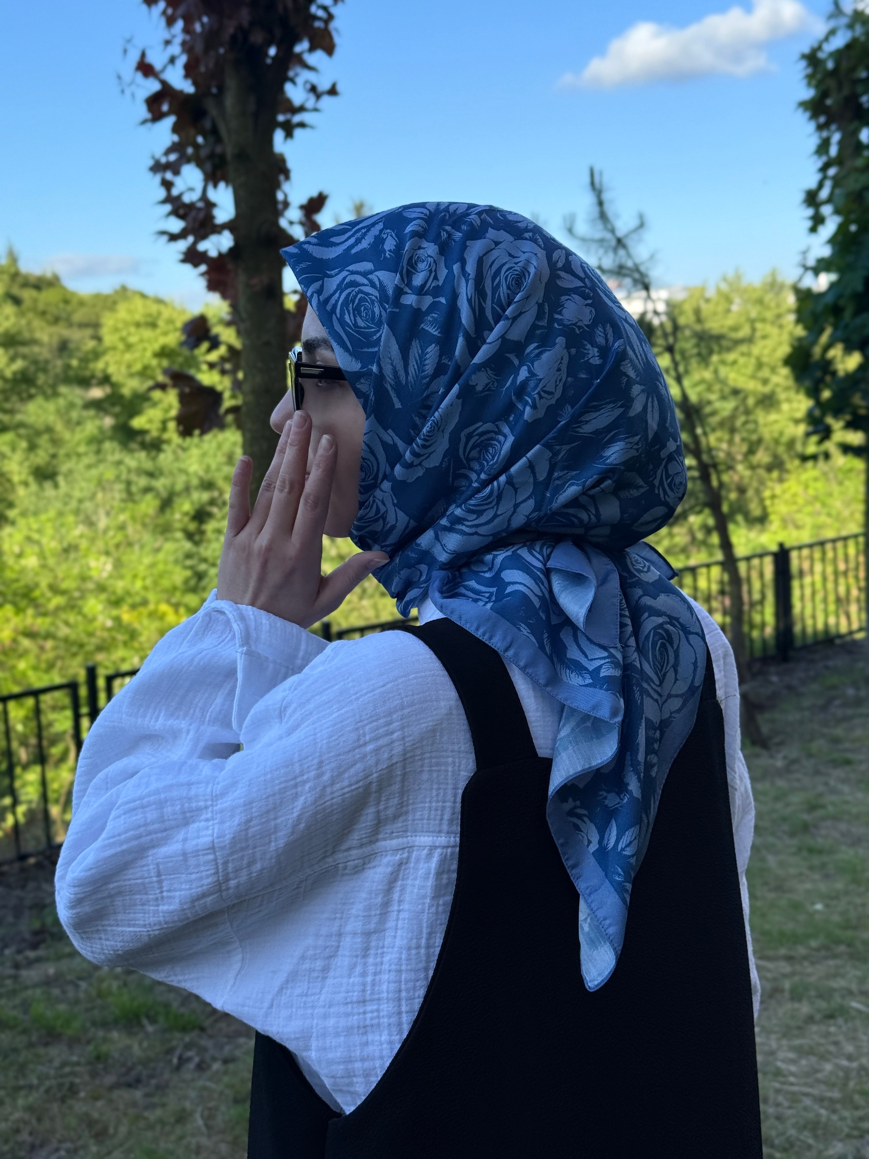 Pamuklu Soft Roza Desen Eşarp-Okyanus