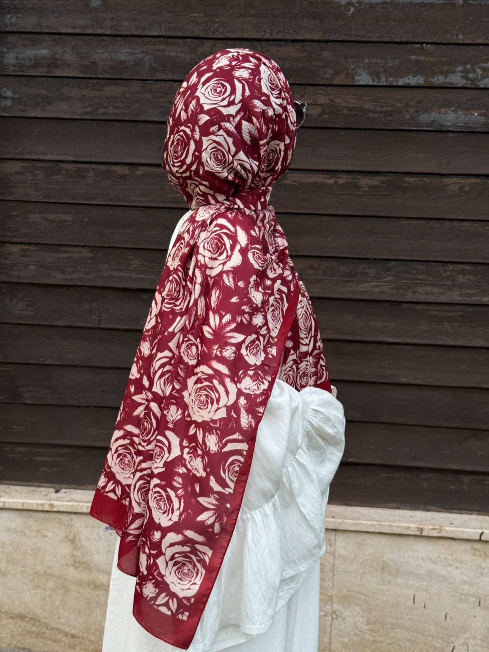 Pamuklu Soft Roza Desen Şal-Bordo