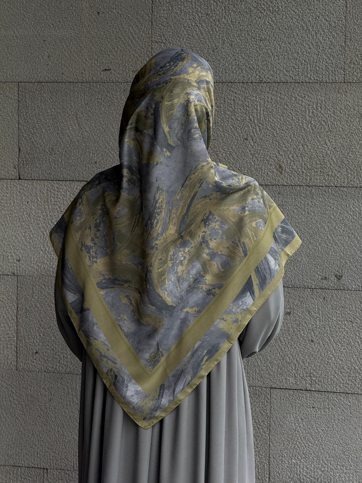 Pamuklu Soft Fırça Desen Eşarp-Yağyeşil/Gri