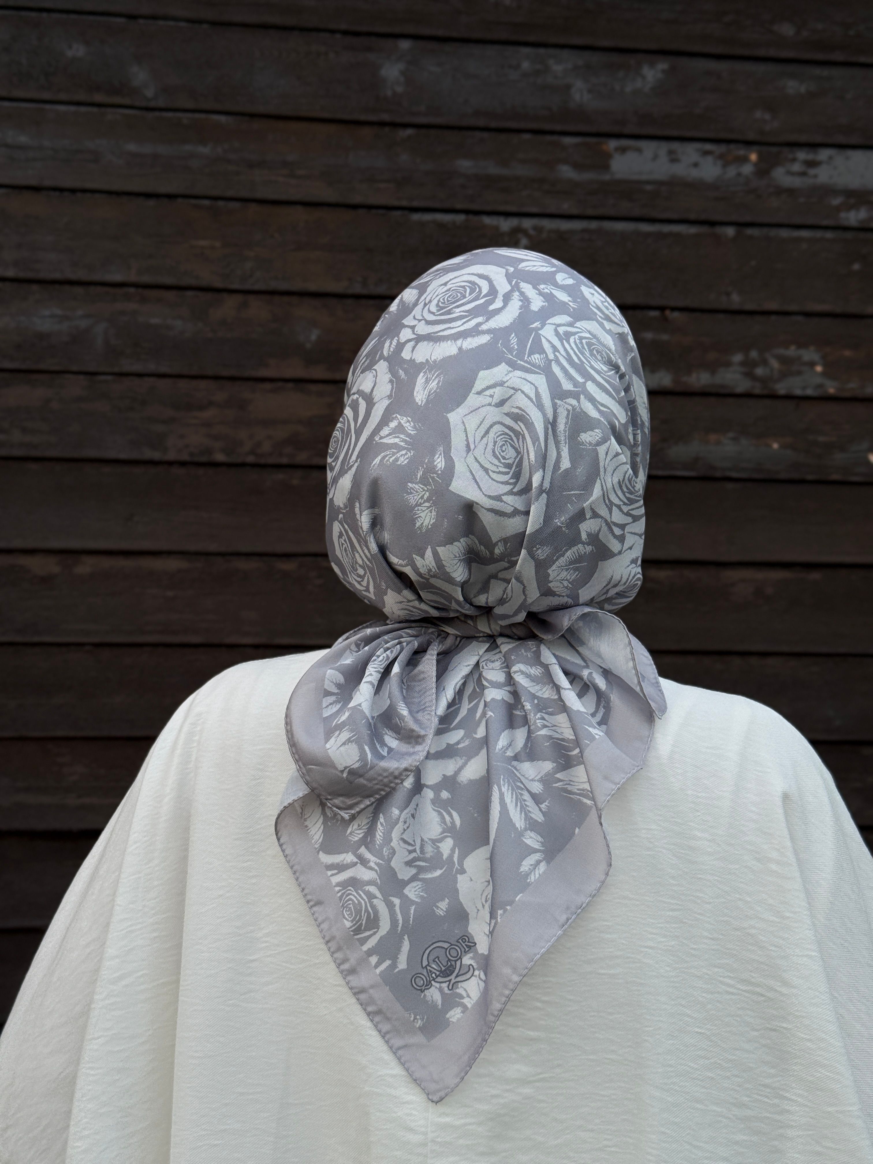 Pamuklu Soft Roza Desen Eşarp-Gümüş