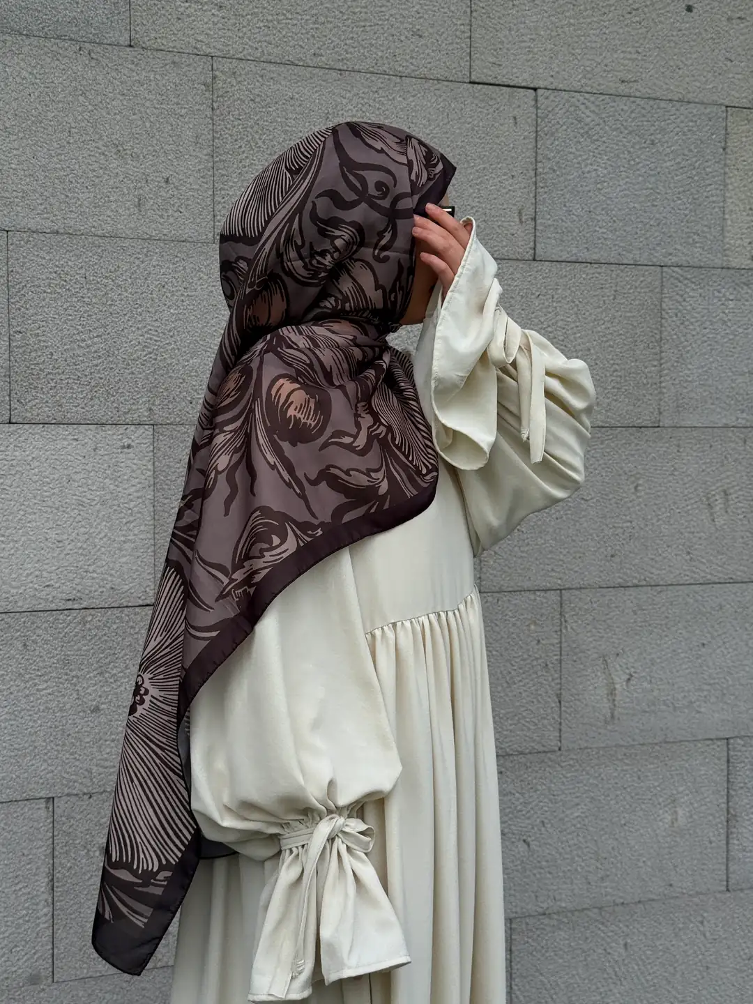 Pamuklu Soft Luna Desen 艦al Kahve Qalor Scarf