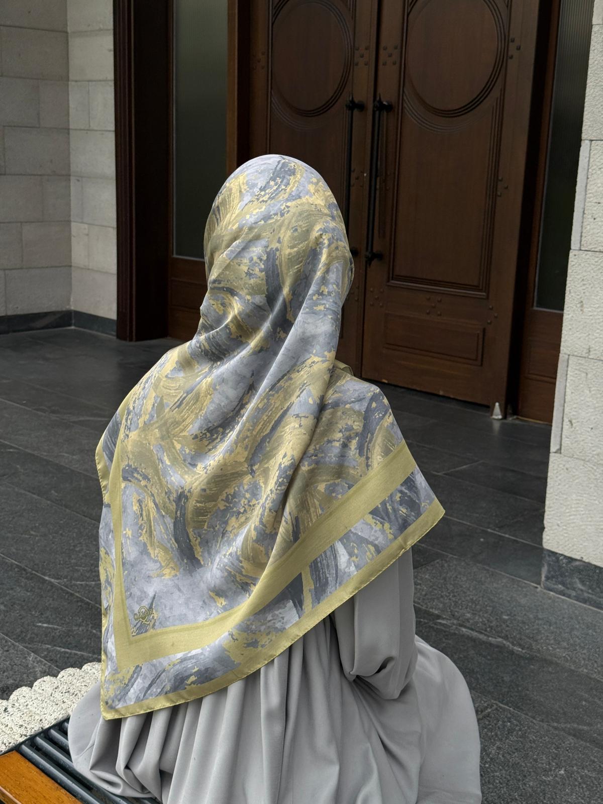 Pamuklu Soft Fırça Desen Eşarp-Yağyeşil/Gri