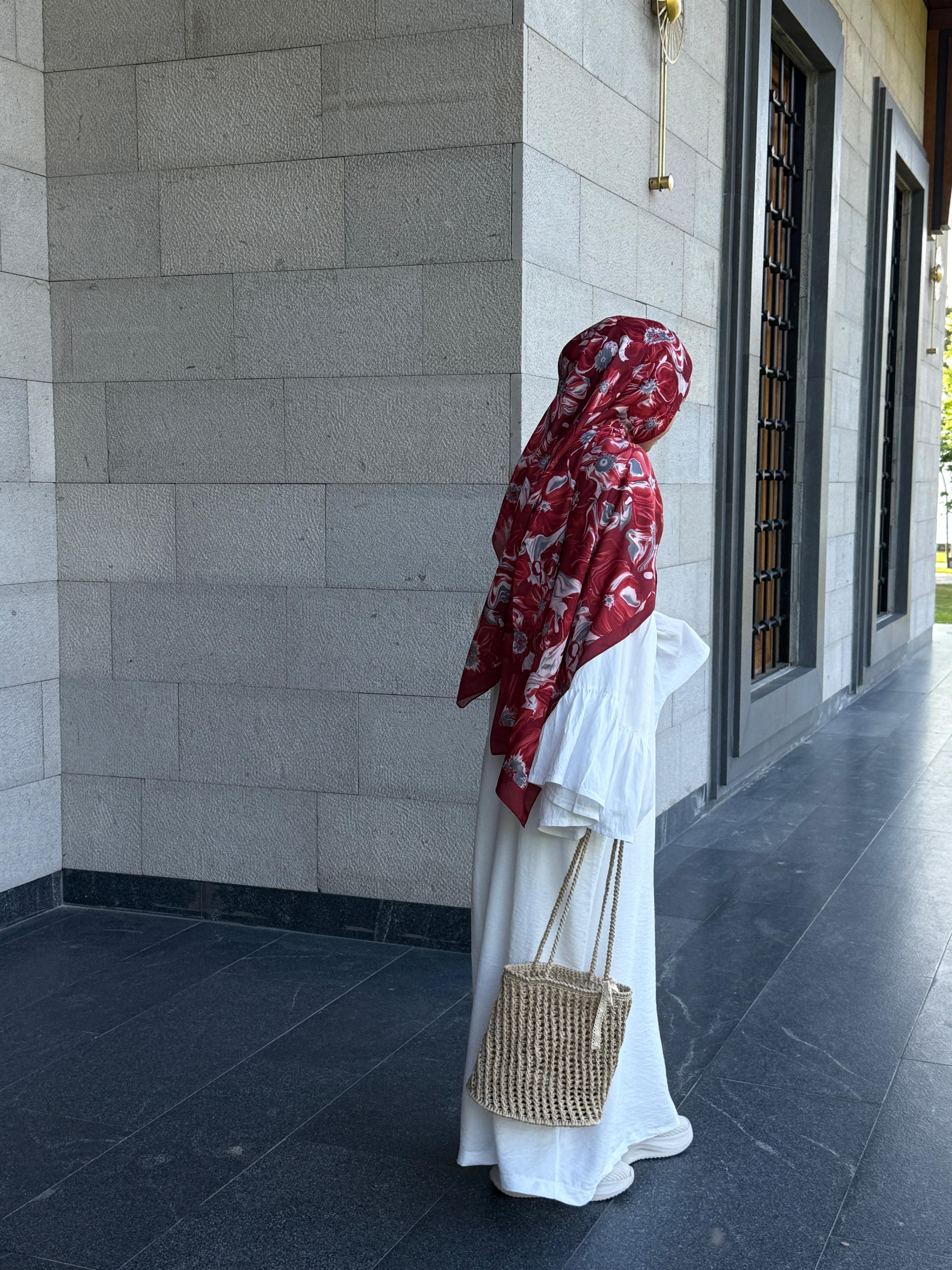 Pamuklu Mimoza Desen Şal- Bordo