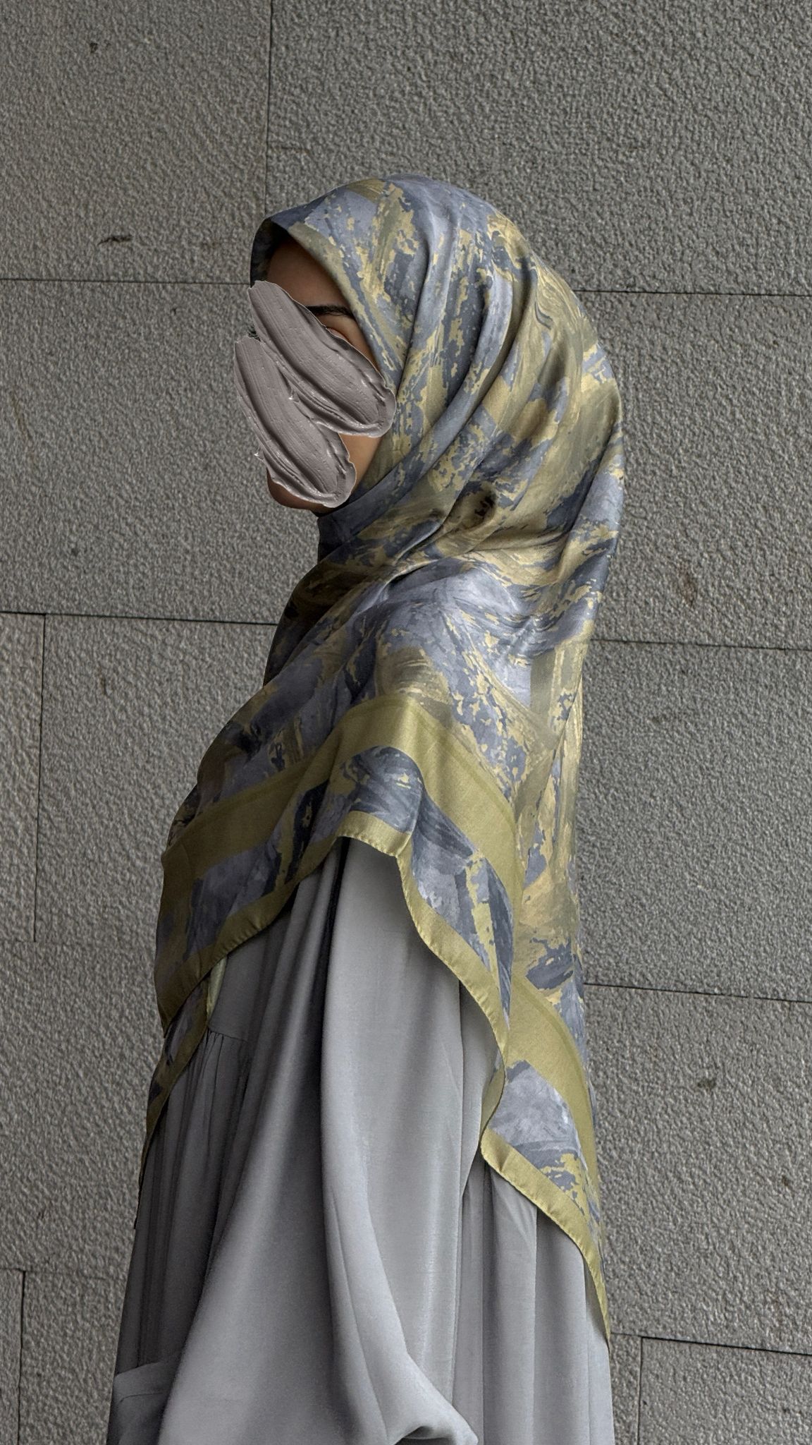 Pamuklu Soft Fırça Desen Eşarp-Yağyeşil/Gri