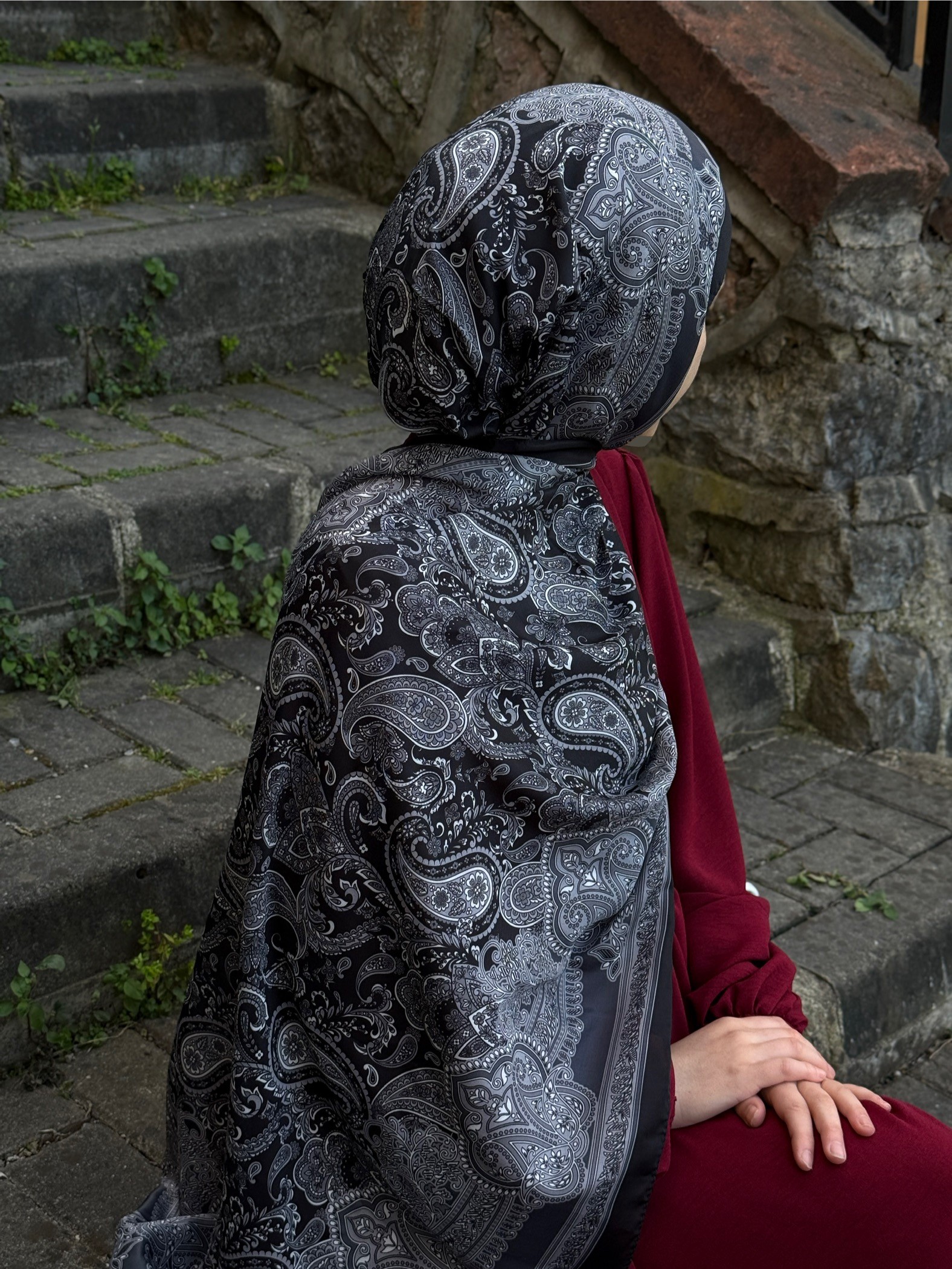 Pamuklu Etnik Desen Şal-Siyah/Beyaz