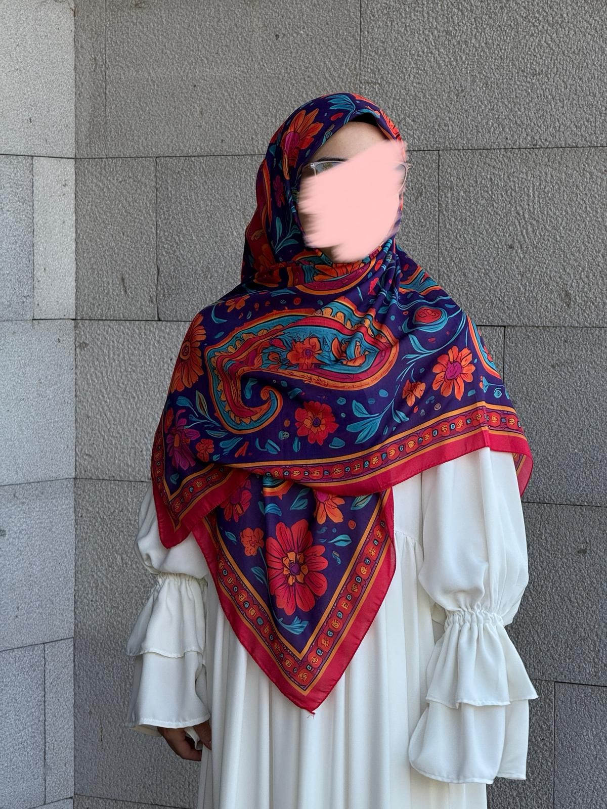 Pamuklu Vintage Desen Eşarp-Nar Çiçeği
