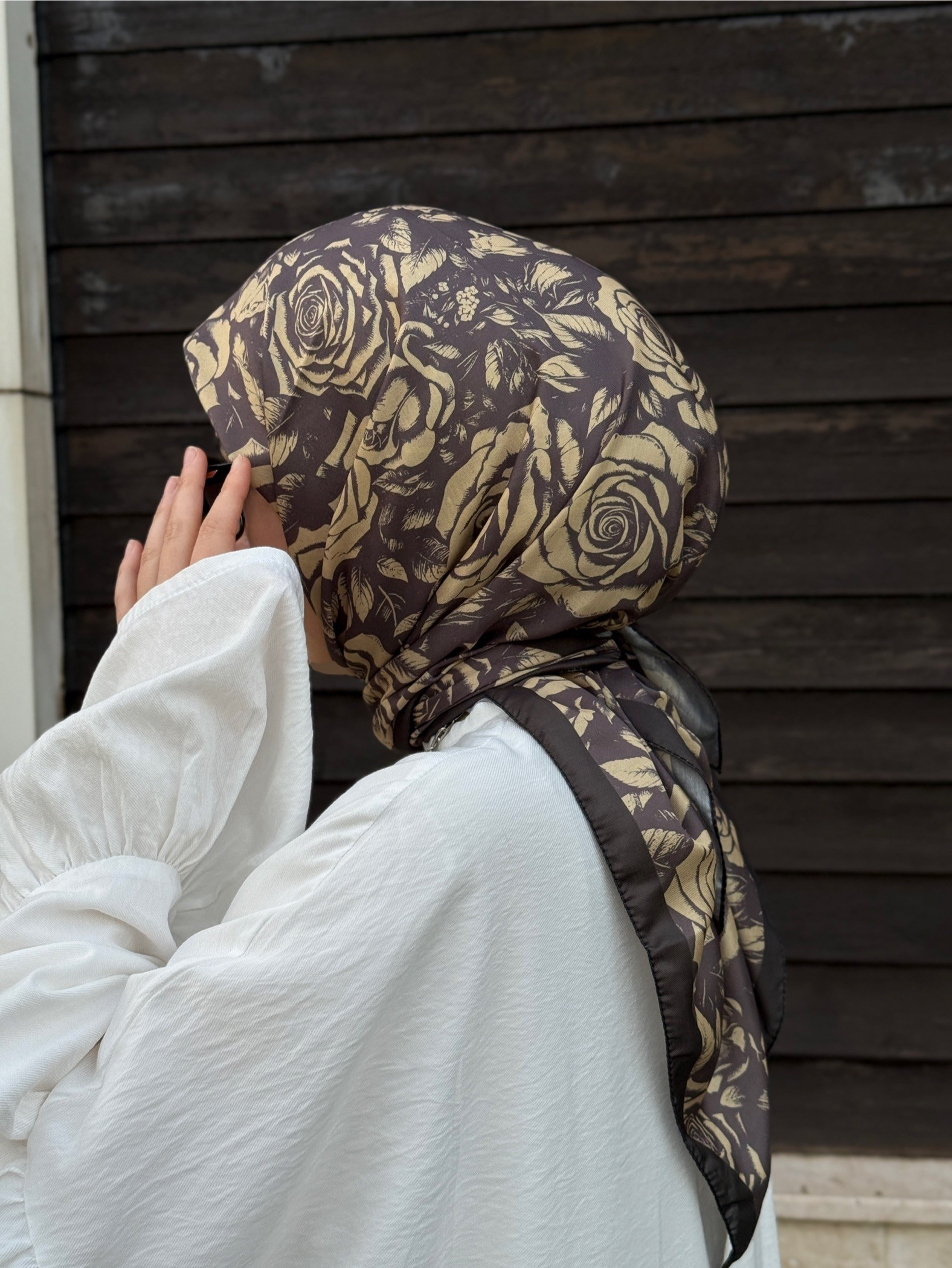 Pamuklu Soft Roza Desen Eşarp-Küf Yeşil