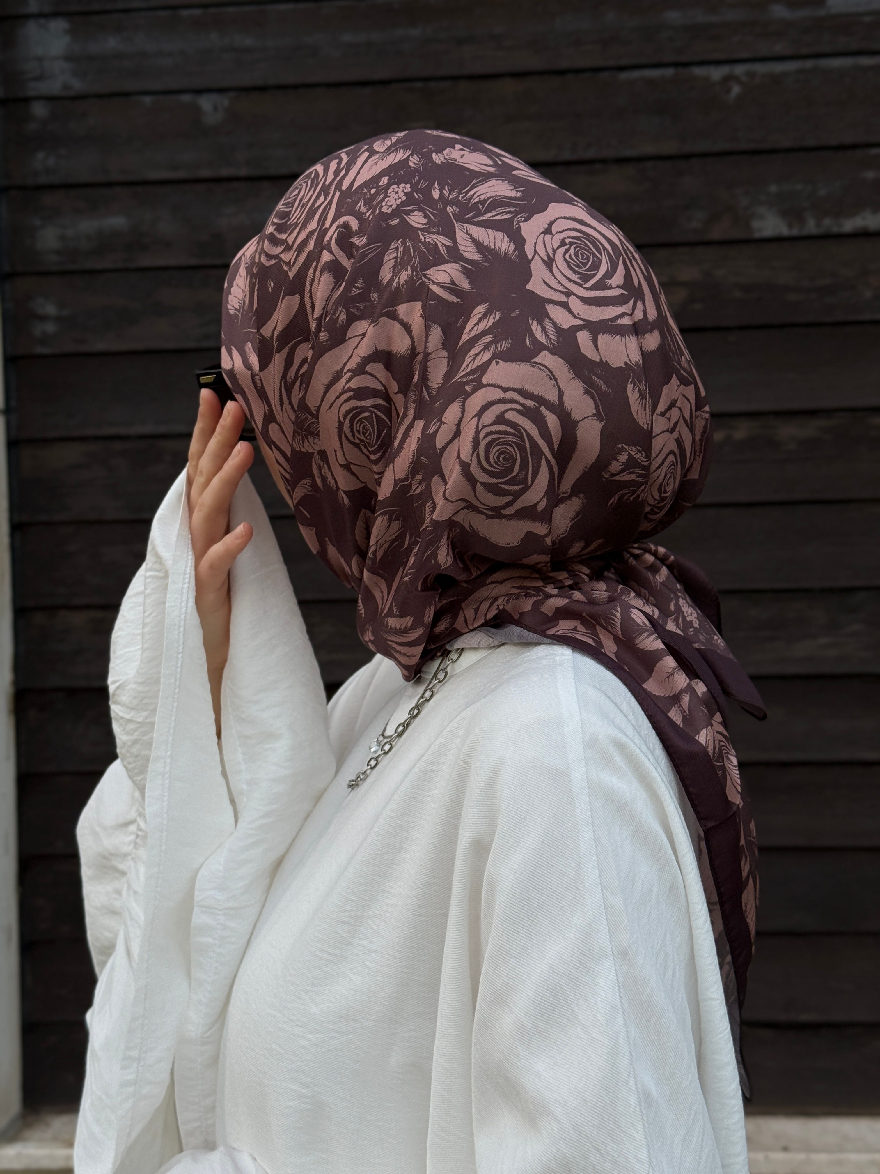 Pamuklu Soft Roza Desen Eşarp-Kahve/Gül Kurusu