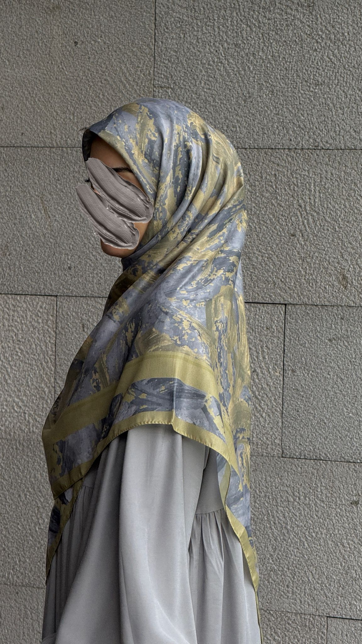 Pamuklu Soft Fırça Desen Eşarp-Yağyeşil/Gri