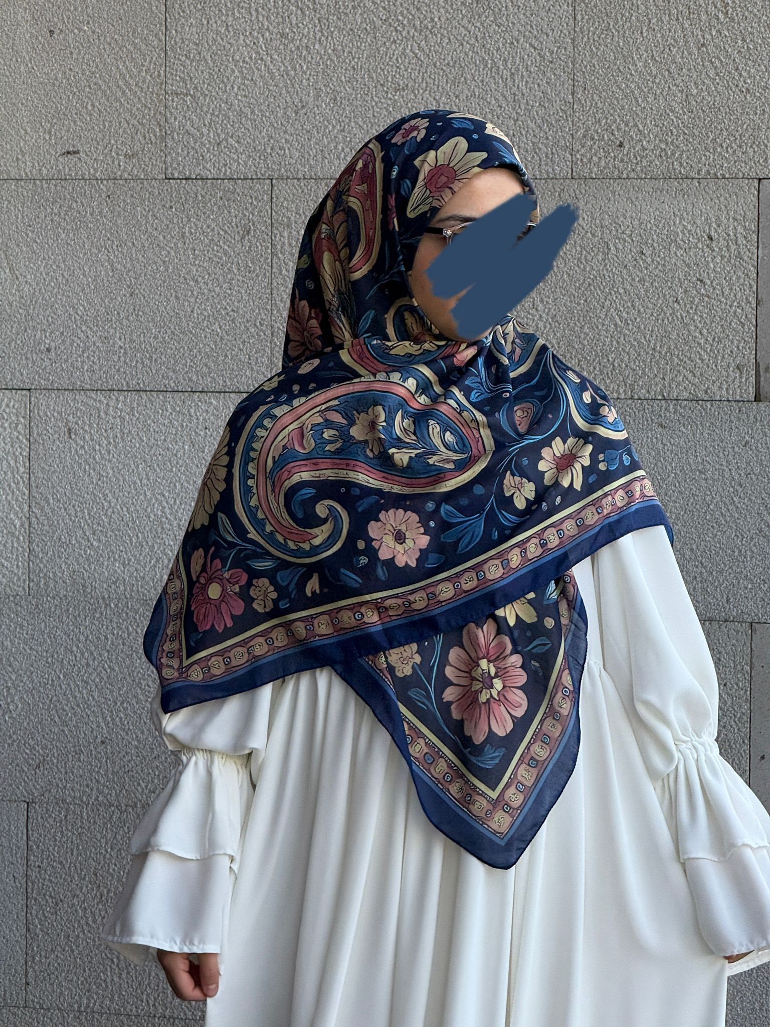 Pamuklu Vintage Desen Eşarp-Lacivert