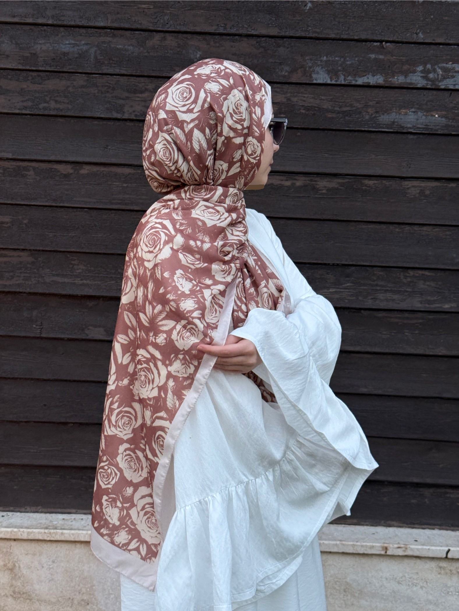 Pamuklu Soft Roza Desen Şal-Cappuccino