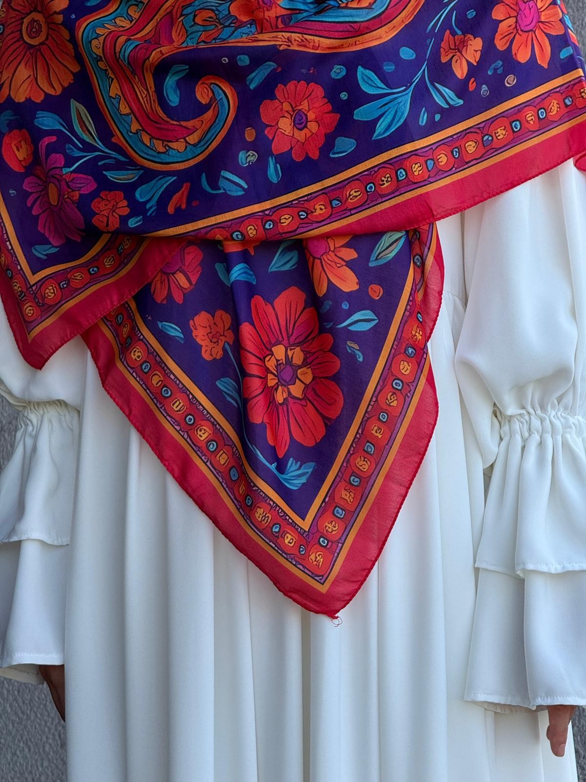 Pamuklu Vintage Desen Eşarp-Nar Çiçeği