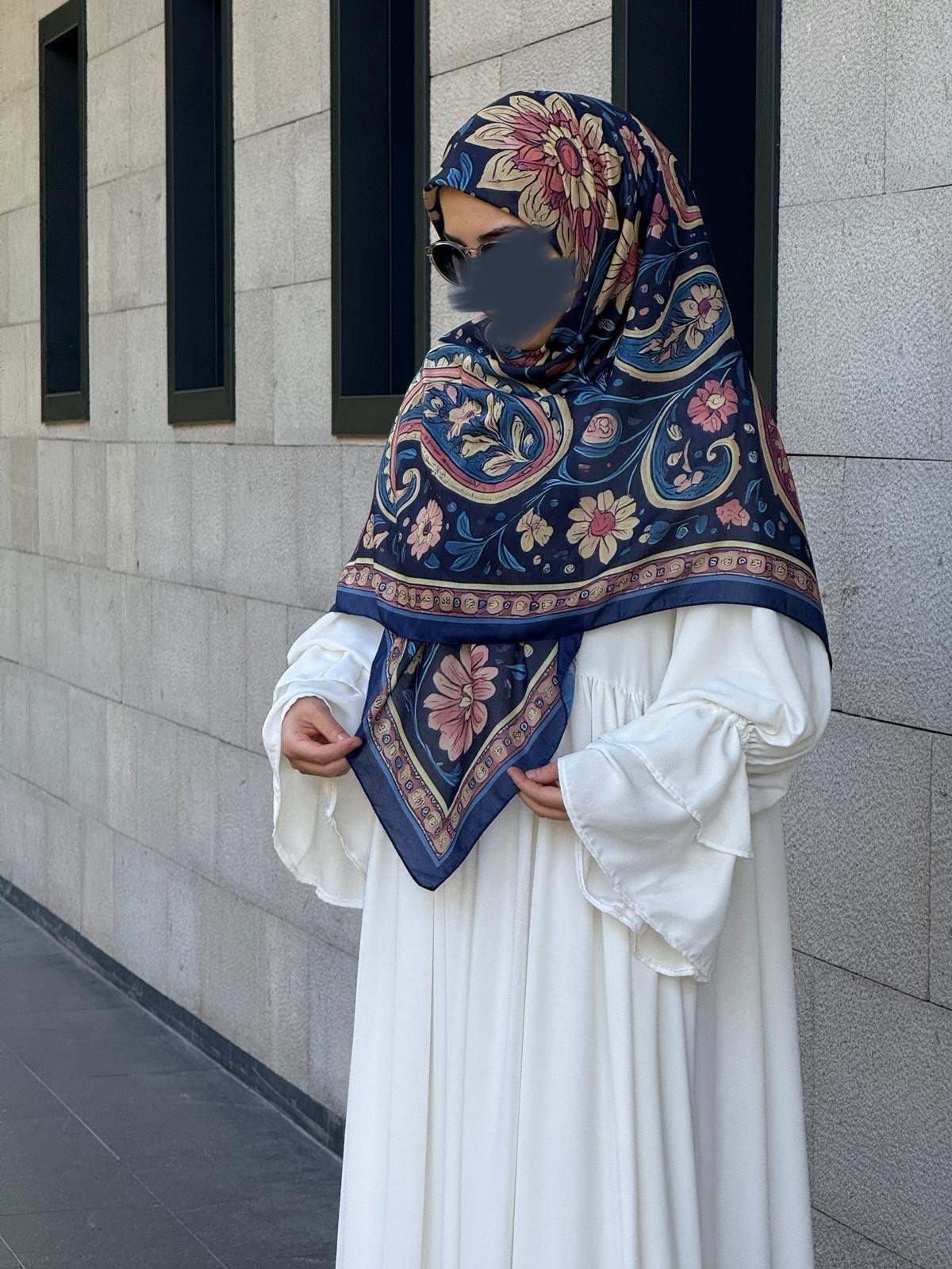 Pamuklu Vintage Desen Eşarp-Lacivert