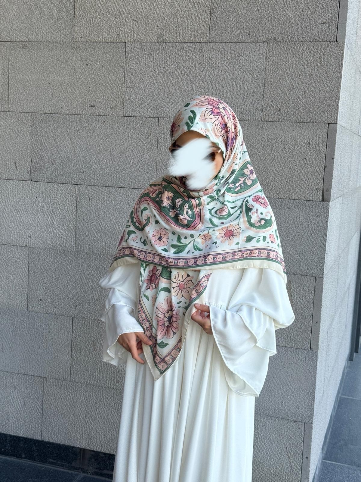 Pamuklu Vintage Desen Eşarp-Krem