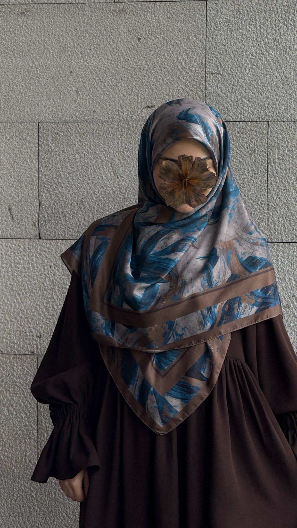 Pamuklu Soft Fırça Desen Eşarp-Petrol/Kahve