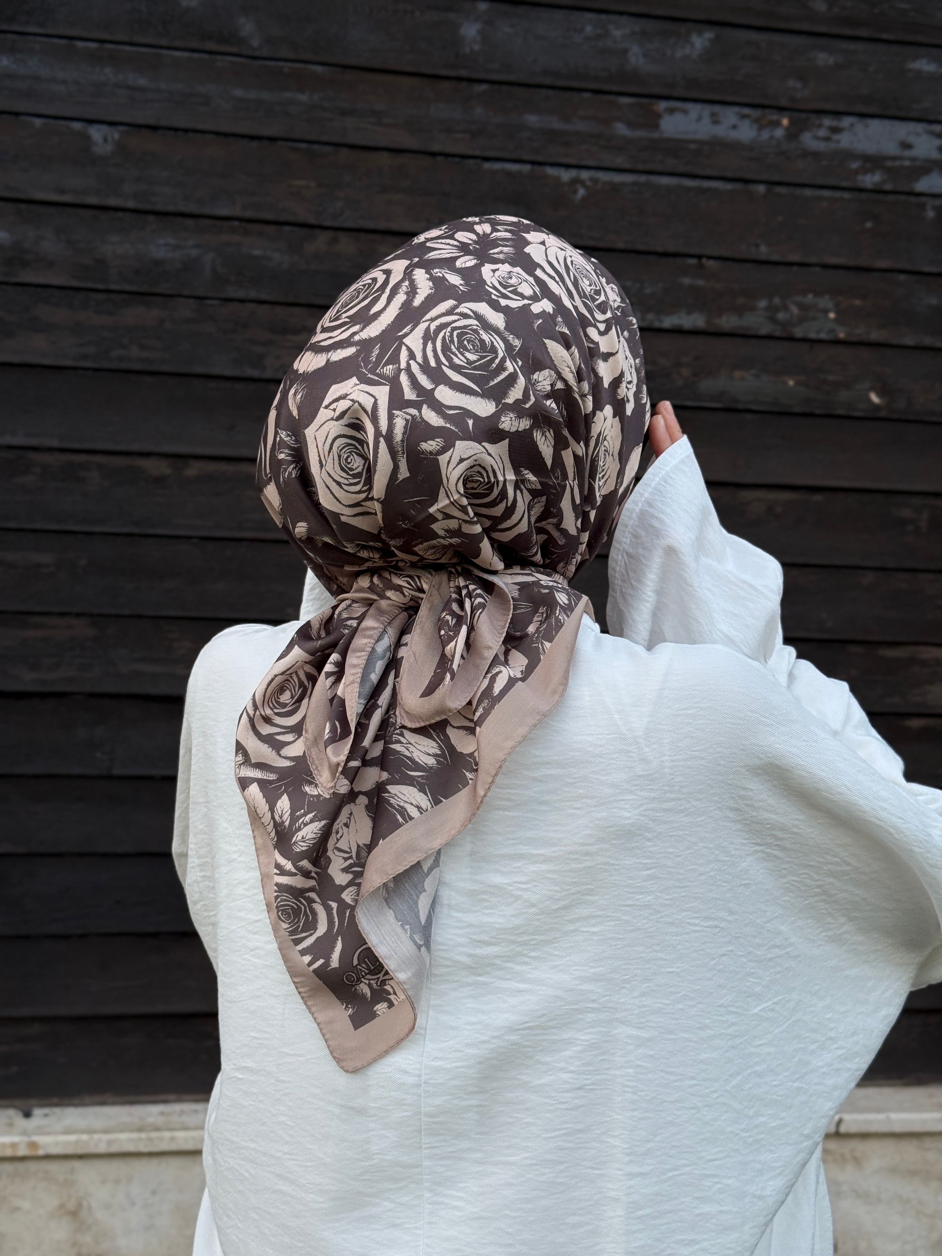 Pamuklu Soft Roza Desen Eşarp-Vizon
